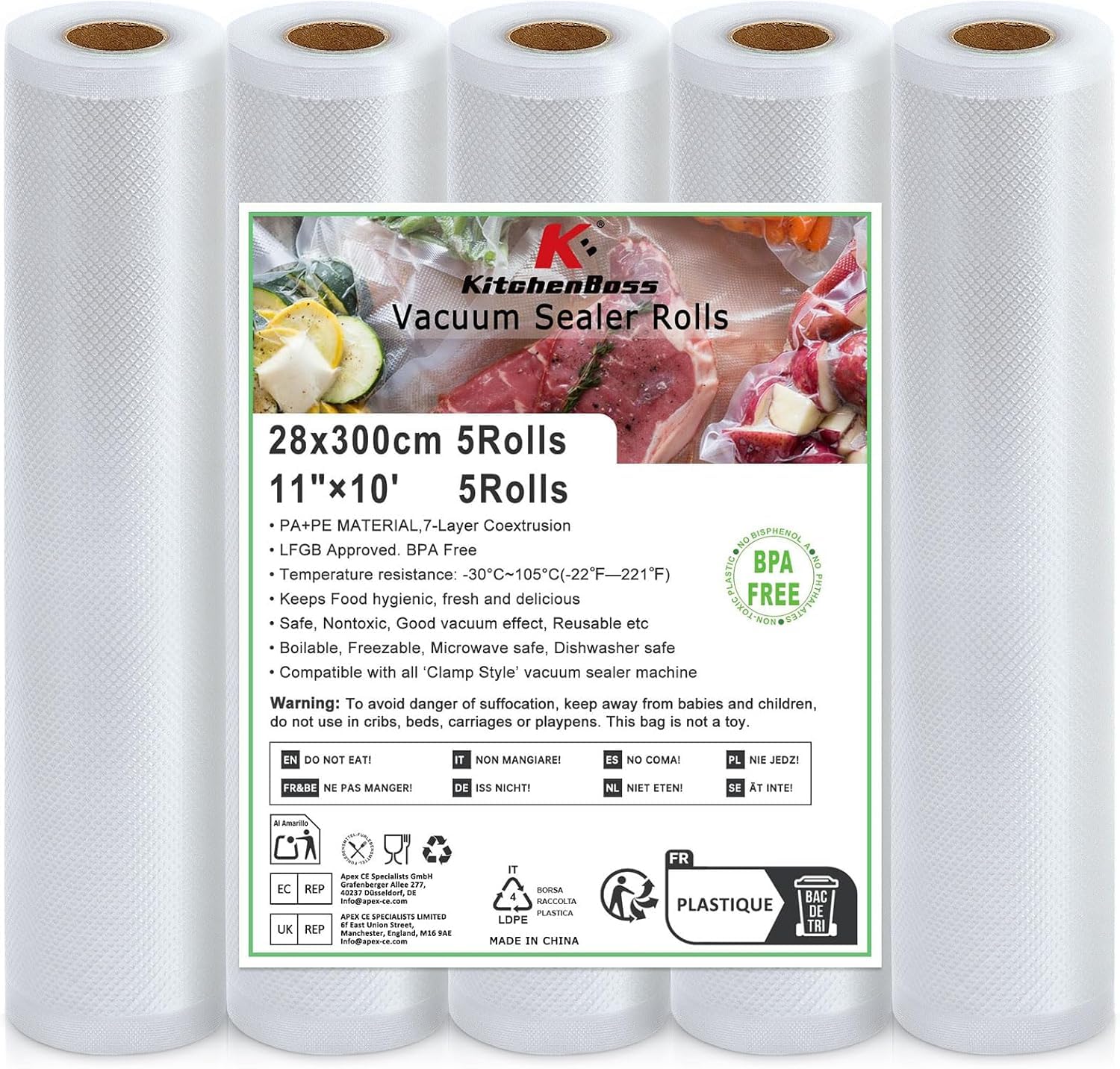 KitchenBoss 5Packs Vacuum Sealer Bags: 28cm x 300cm 5 Rolls Food Storage Saver Bags | BPA Free Vac Freezer Roll, Vacuum Seal Machine Bag for Sous Vide Cooking,Total 15M