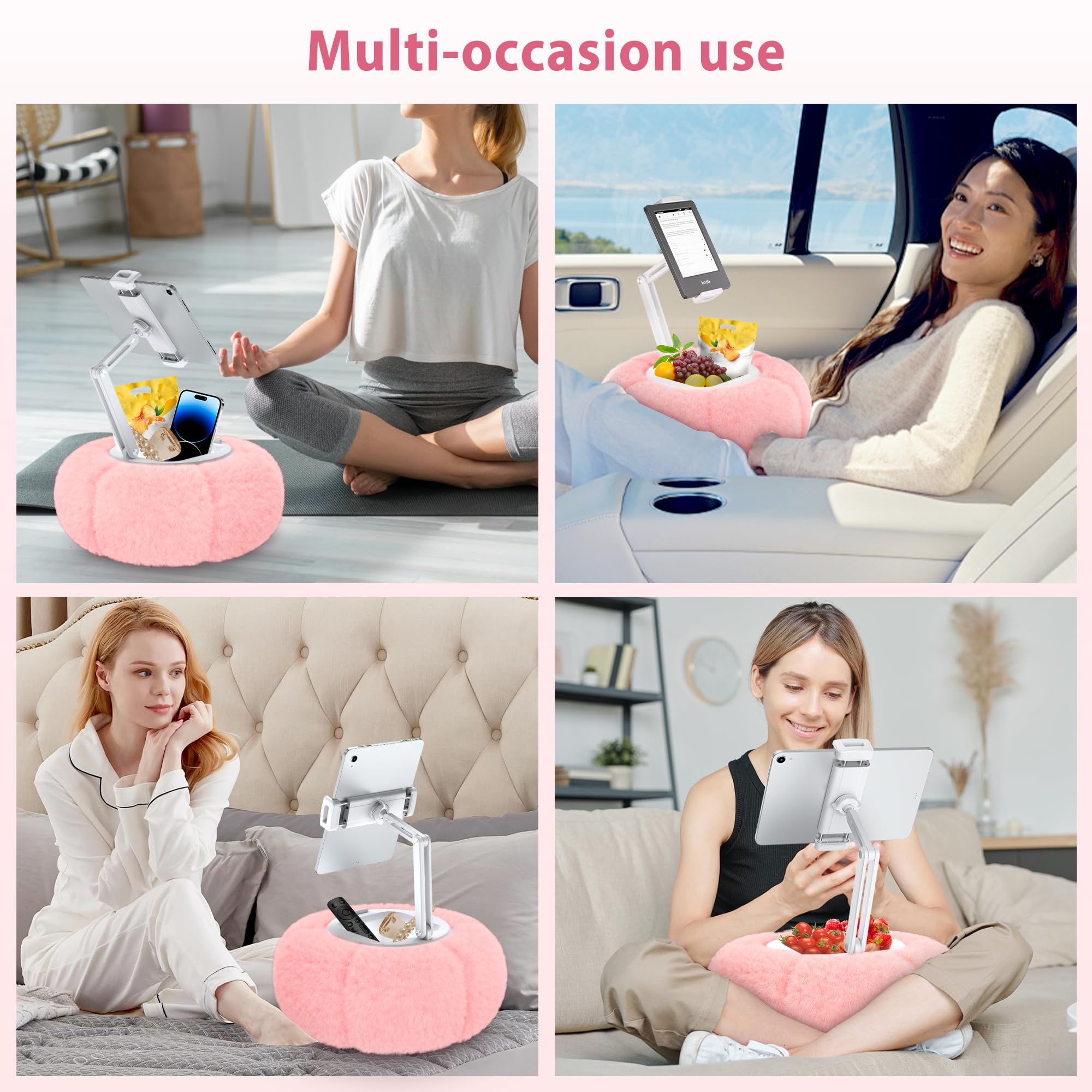 CreaDream Dyniowy uchwyt na poduszkę na tablet Kindle iPad, regulowany stojak na poduszkę na telefon z odpinaną miską na przekąski, kompatybilny z tabletami 11.9 cm-33.0 cm, iPad, iPhone, Samsung Tabs