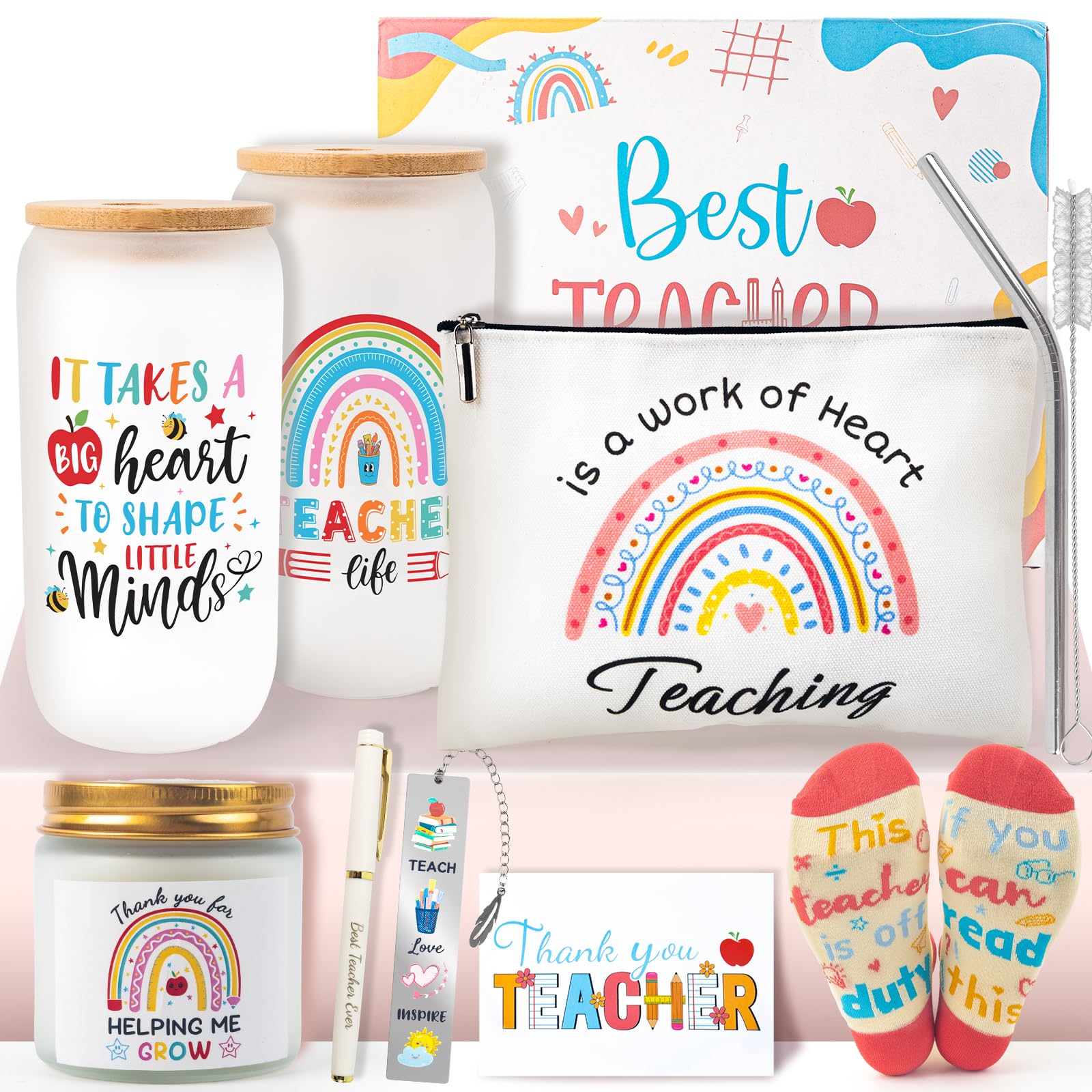 Walkinbear Teacher Gifts for Women- 7Pcs Thank You Teacher Gifts,Appreciation Gifts with Glass Cup Scented Candles,Best Gifts for Teacher End of Year Graduation Retirement Leaving Gift from Student