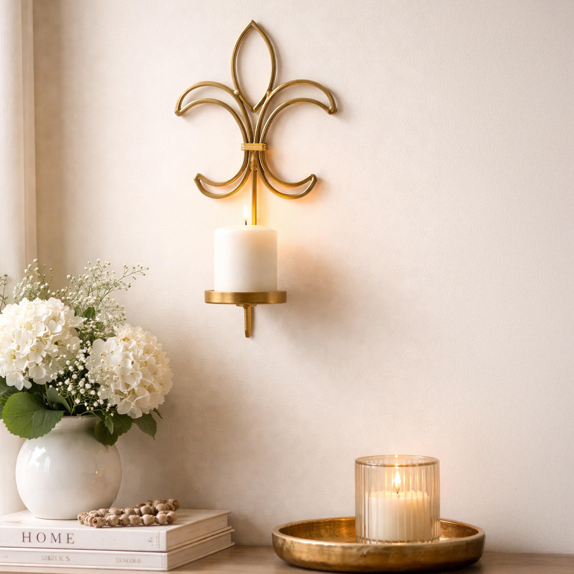 Hosley Wall Candle Holder Iron Candle Holder Hanging Wall Mounted Candle Sconces Pillar Stand for Living Room Home Decor, with Pillar Candle,Gold, Pack of 1-image-3
