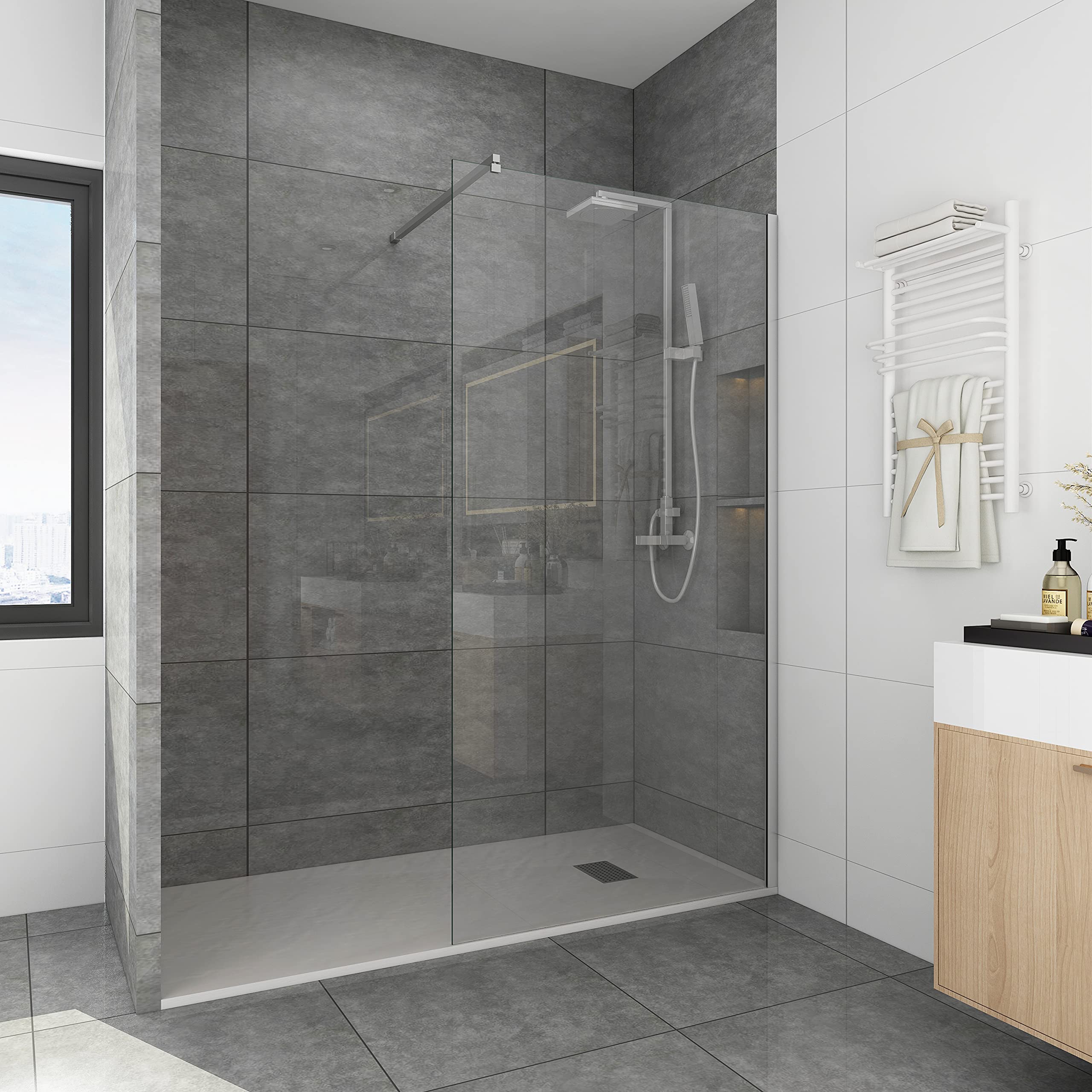 WITEN&NOCK Duschwand Glas Walk In Dusche 60x195 cm(für klein duschkabinen) mit Nano Beschichtung 8 mm Duschtrennwand Glas Badewanne Sicherheitsglas ohne Duschtasse