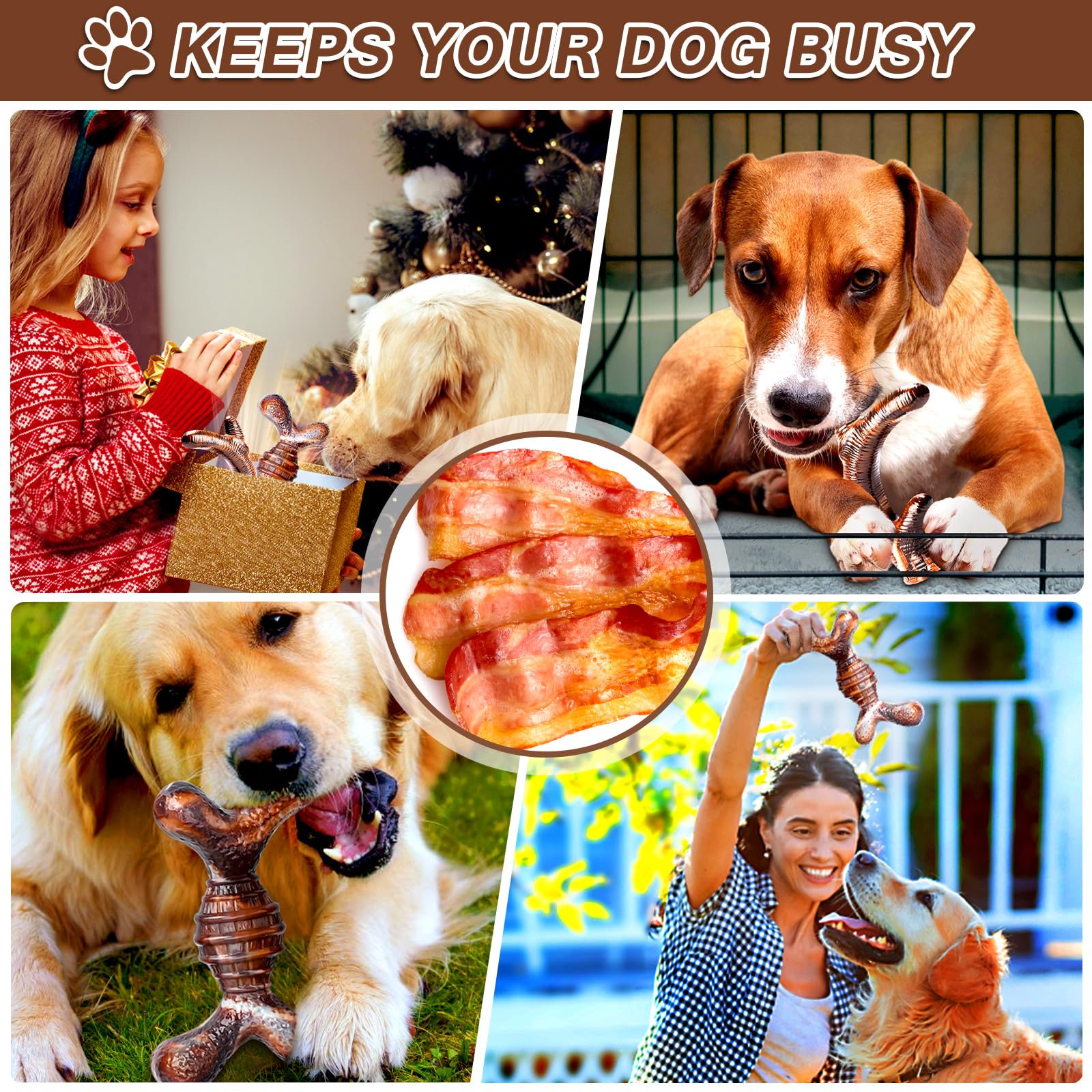 Tough Dog Masticar Juguetes para masticadores agresivos, paquete de 4, juguetes masticables indestructibles con sabor a tocino para perros medianos/medianos, juguetes masticables de hueso de