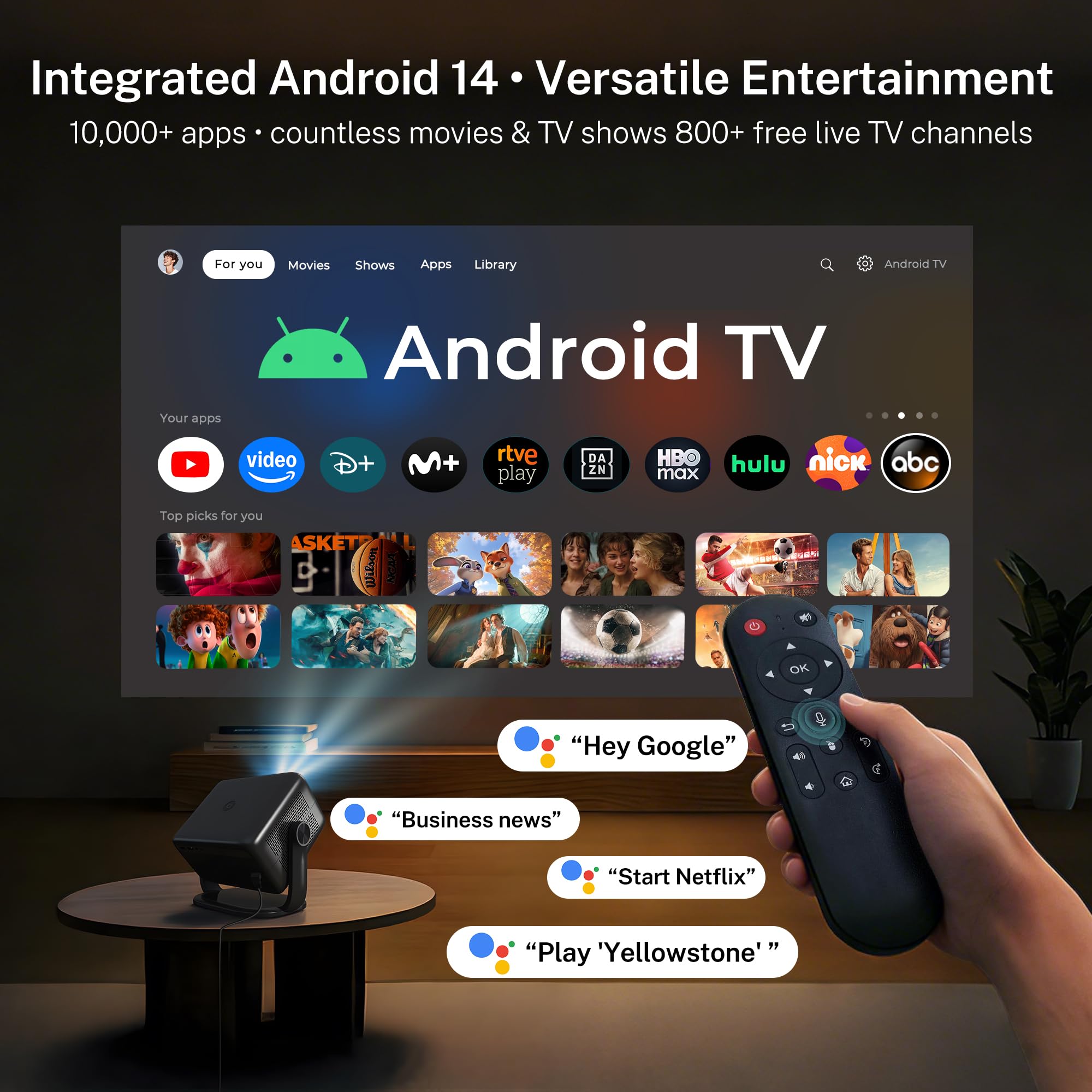 Proyector Inteligente 1080P Nativo 800 ANSI, Android 14, Soporta 4K | Control Remoto Air Mouse, Enfoque y Corrección Automáticos por IA, WiFi 6 y BT 5.4, Audio Hi-Res, Compatible con Netflix