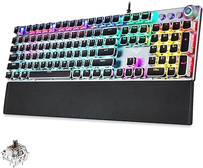 AULA F2088 Mechanical Gaming Keyboard, Tactile Brown Switches, LED Rainbow Backlit, Volume Controls, Removable Wrist Rest, Unique Cool Square Keycaps, Full Size Wired Keyboard for Windows/Mac/PC