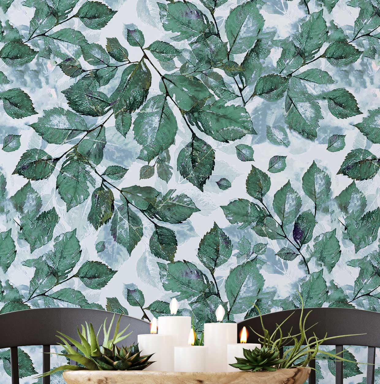 Papier peint chambre et salle à manger motif feuilles vertes