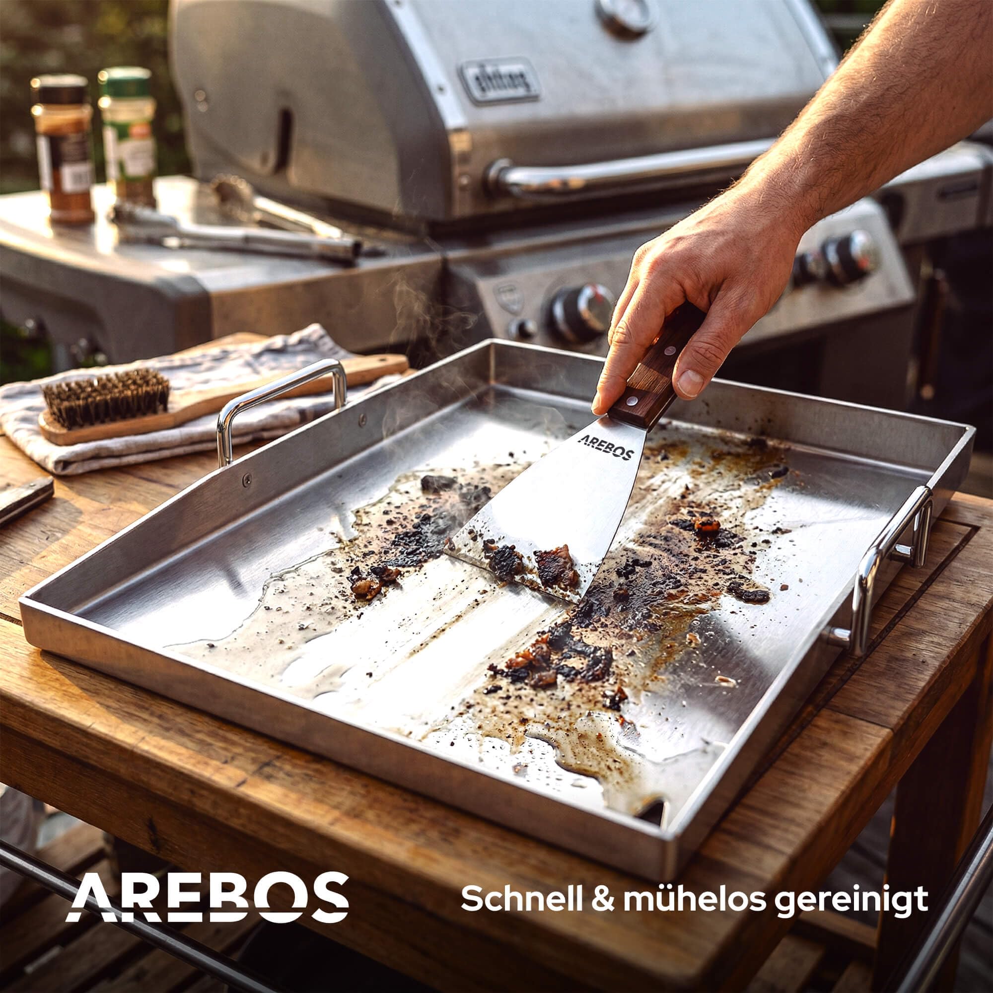 Arebos Plancha Grillplatte Edelstahl 40x30 cm | für Gasgrill, Holzkohlegrill & Camping | 4 mm massiv | 800 °C | LFGB | Fettablauf | 2 Grillspachtel & 5 Spieße | spülmaschinengeeignet