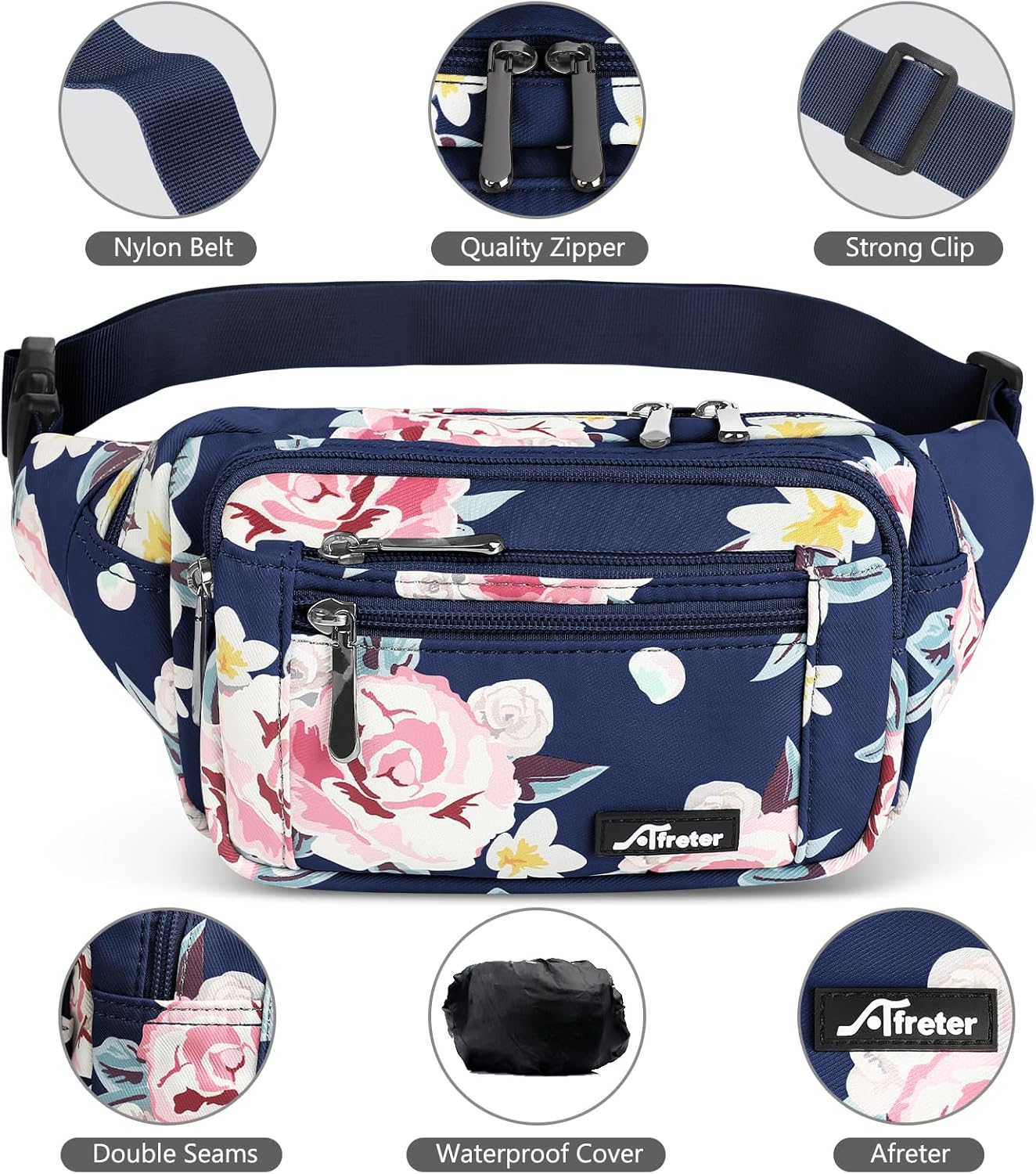 Waist Pack Bag Fanny Pack for Men&Women Hip Bum Bag with Adjustable Strap for Outdoors Workout Traveling Casual Running Hiking Cycling (New Blue Flowers) - Image 4