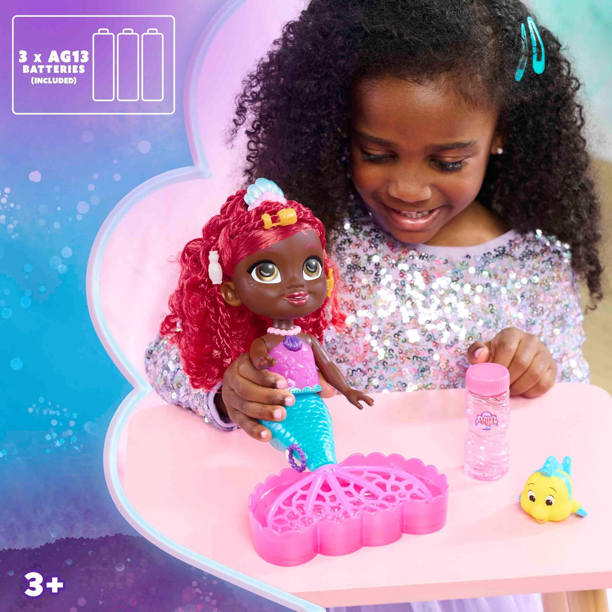 Bambola Ariel Disney Junior Bubbles Fun con accessori, 8 pezzi, bambola alta 29 cm con effetti sonori, giocattoli per bambini dai 3 anni in su di Just Play