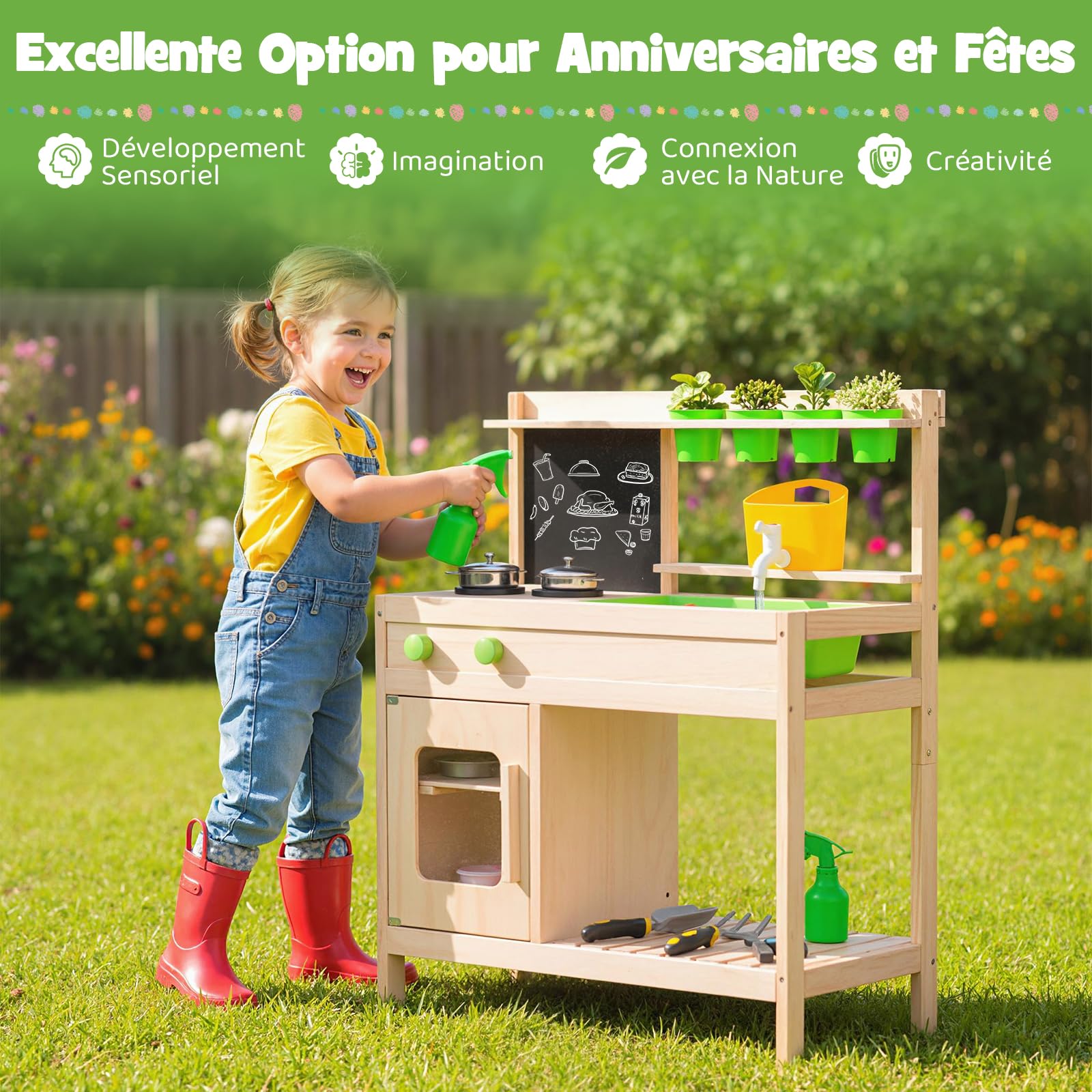 COSTWAY Cuisine Extérieure Enfant en Bois de Pin avec Tableau Noir et 4 Pots, Cuisine de Boue avec Évier et Réservoir d'eau et Robinet, Étagère, Jeu d'Imitation Boueuse pour Jardin Balcon, 3 Ans+