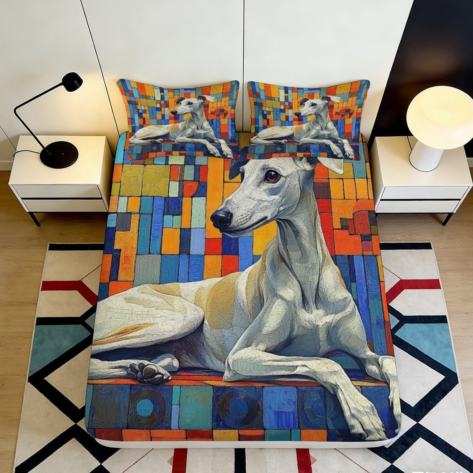3D Printed Colorful Geometric Dog Fitted Sheet Microfiber Soft Durable Abstract Art Bed Cover for Bedroom Dorm Dormitory Guest Room Mattress Protection 90x200x25cm
