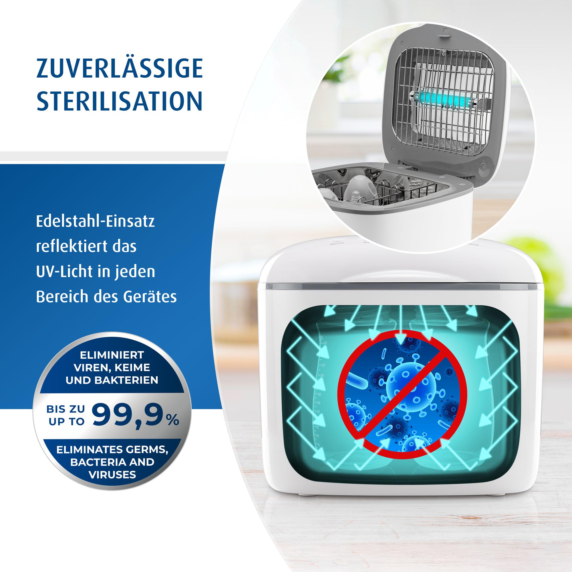 reer UV-C Desinfektionsgerät mit Trocknungsfunktion | Sterilisator für Babyflaschen und Baby Zubehör | Flaschensterilisator