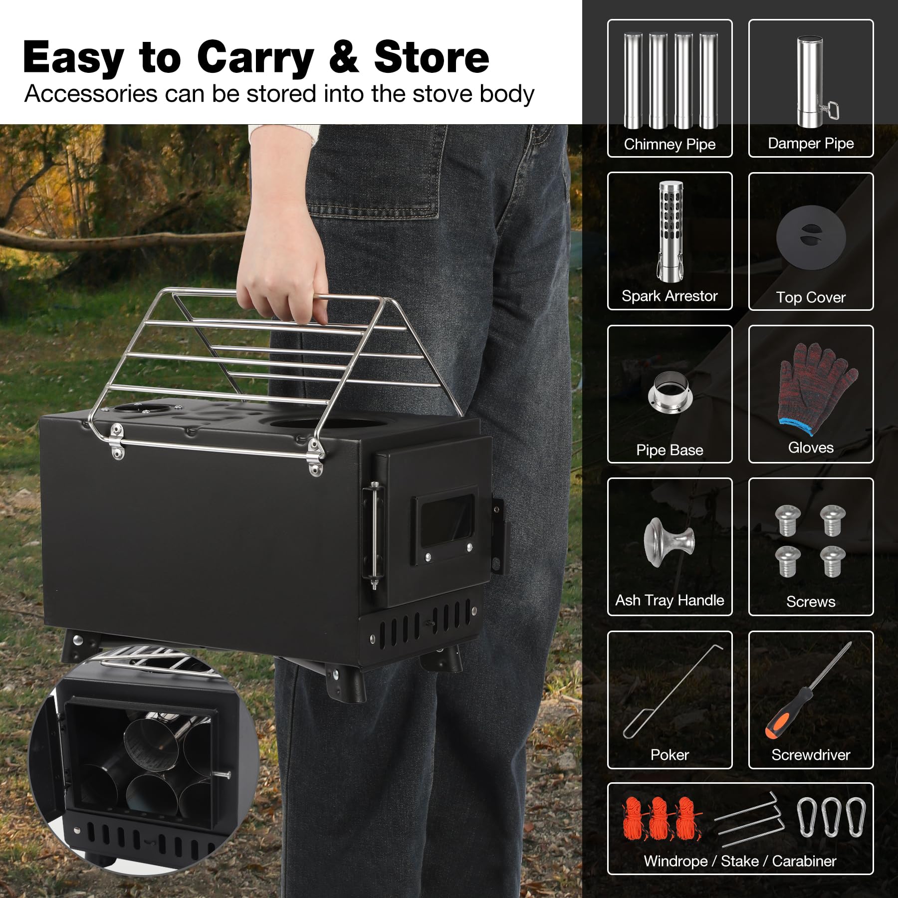 REDCAMP Camping Zelt Herd, Faltbarer Zelt Holz Brennofen, Tragbarer heißer Zelt Holzofen mit winddichtem Kamin für Outdoor Camping Kochen, schwarz
