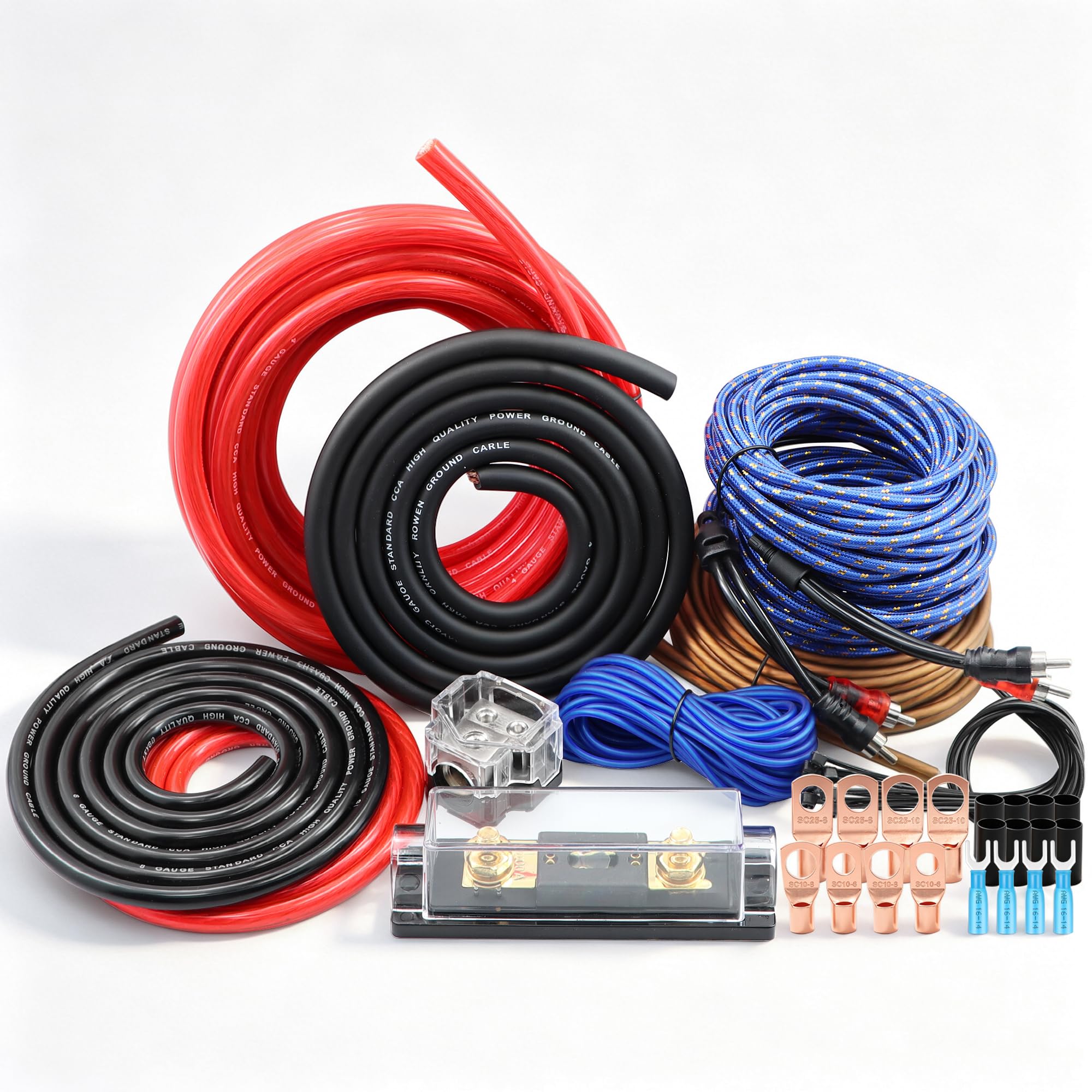 Kit de câblage double ampli de calibre 4, kit d'installation complet d'amplificateur audio de voiture 1000 W avec fusible ANL 100 A, câbles RCA OFC, fil de haut-parleur et bloc de distribution pour