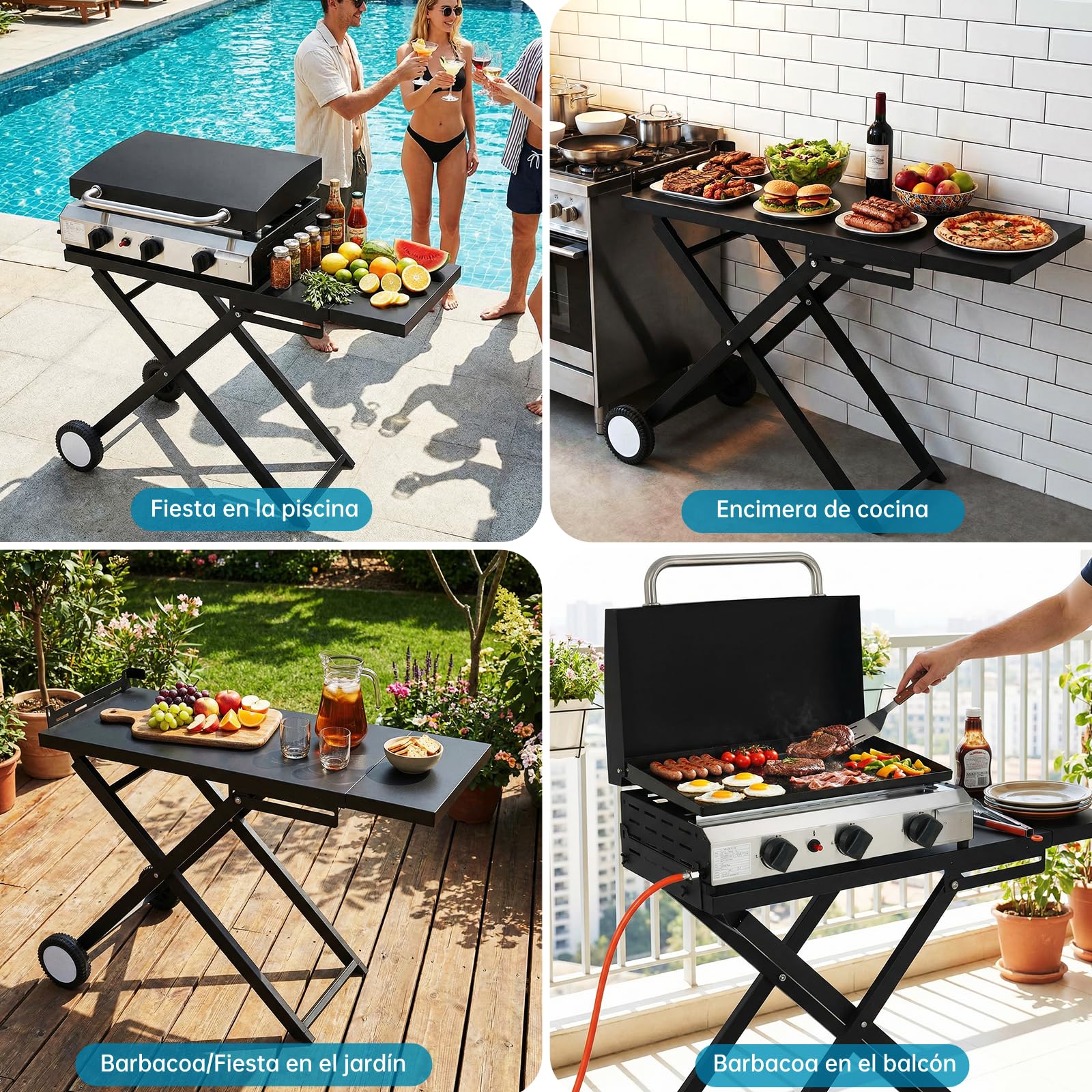 LIFERUN Carro Plegable para Barbacoa con Mesa Auxiliar Extraíble, Soporte Portátil para Parrilla con 2 Ruedas, Soporte de Mesa al Aire Libre Plegable, para Camping, Jardín, Fiestas (102x39x73cm)