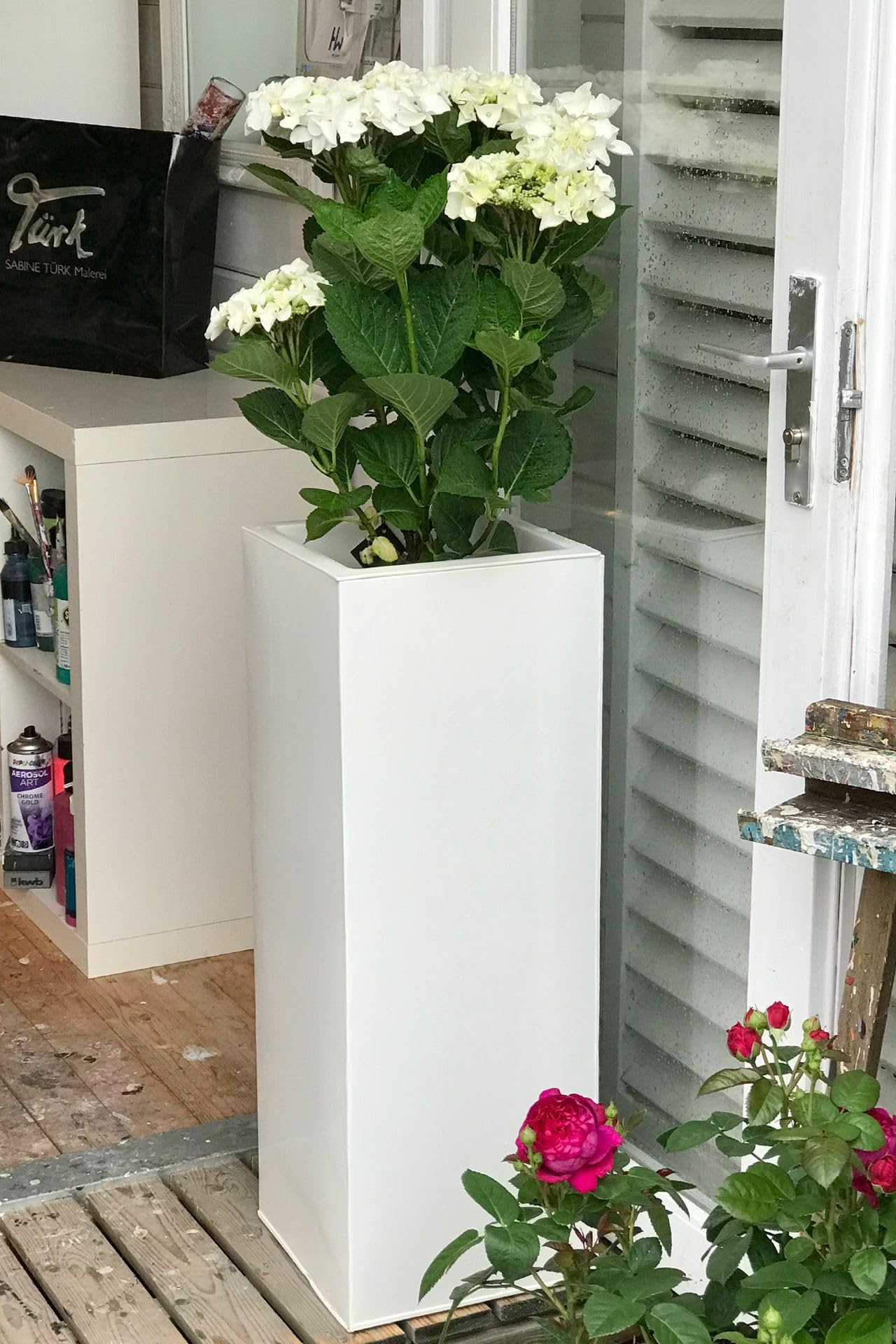 AE Trade Pot de fleurs carré haut en zinc avec système d'irrigation Blanc 80 cm