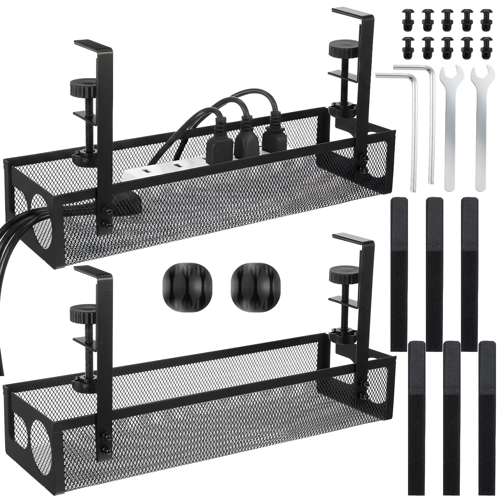 2 Pack Under Desk Cable Management Tray, 15 Inch No Drill Metal Mesh Organizer with Hybrid Side Slots, Wire Holder Storage Rack for Office Home Desk