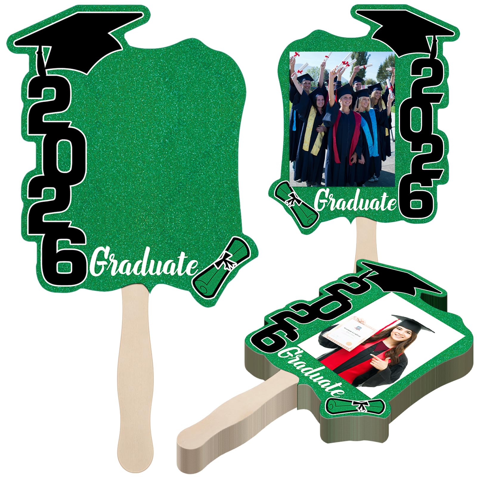 Photo 1 of 24 Pcs Graduation Cutout Face Fans with Handle Double Sided Personalized Grad Party Supplies Class of 2026 Grad Photo Props Blank DIY Photo Frame Graduation Party Souvenirs(Classic,Green)