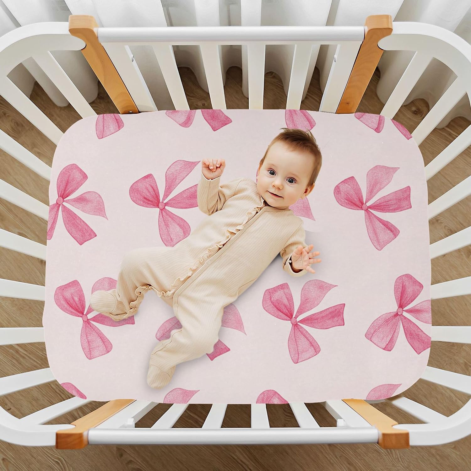 Burbuja Pink Bow Crib Sheet for Boys Girls, Fitted Crib Sheet 28 x 52 in for Standard Crib & Toddler Bed Mattresses, Soft & Breathable