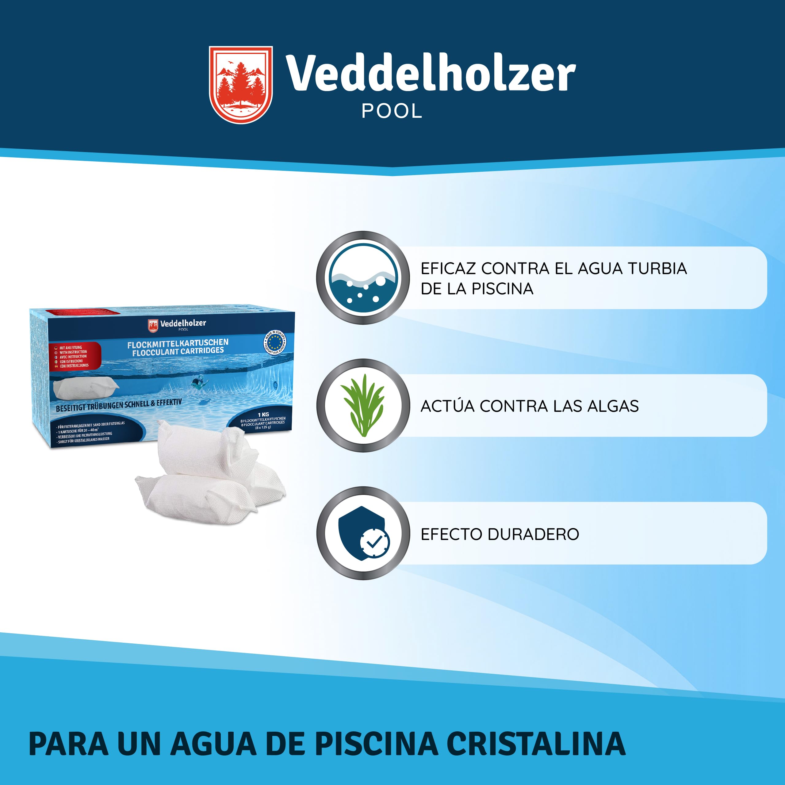 Veddelholzer 1 kg floculante Piscina Cartuchos 8 x 125g para Sistemas de Filtro de Arena y Vidrio. Floculante para Piscinas como limpiafondos, Cuidado de Piscinas, Accesorios para Piscinas