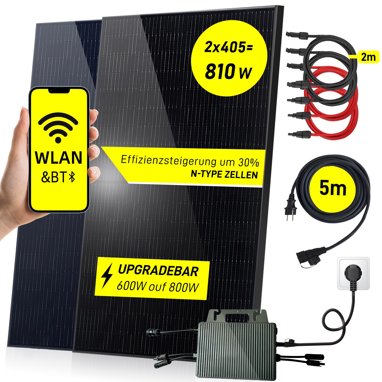 Pannelli Fotovoltaici da Balcone, Fotovoltaico da Balcone 800W, Fotovoltaico Plug and Play Supporta Wi-Fie Bluetooth, Inverter 800W-600W Regolabile, Fotovoltaico Plug and Play 800 watt con Cavo da 5M