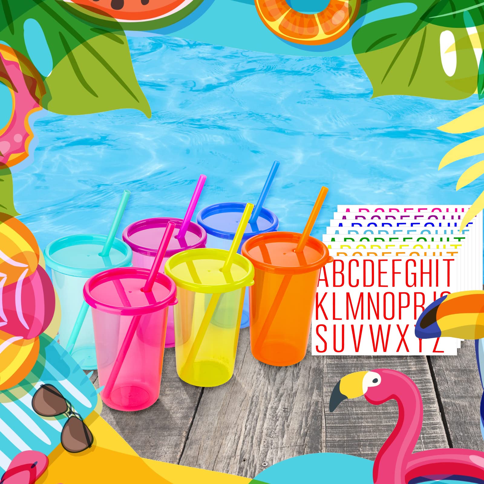 Großbecher mit Deckel und Strohhalm, 400 ml, Kunststoffbecher, wiederverwendbar, Eiskaffeebecher, Trinkbecher-Set, Wasserflasche, wasserdichte Buchstaben-Aufkleber für Party (bunt, 12 Stück)