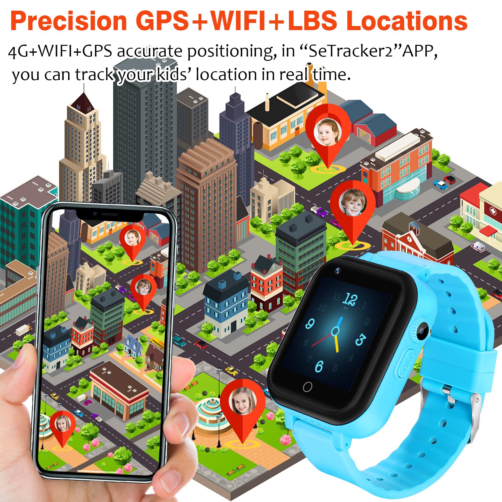 ele ELEOPTION Orologio intelligente per bambini 4G IP67 impermeabile con posizione GPS, fotocamera, SOS, chiamata, contapassi, touch screen, video chat Smart Watch per ragazzi e ragazze (blu T16)
