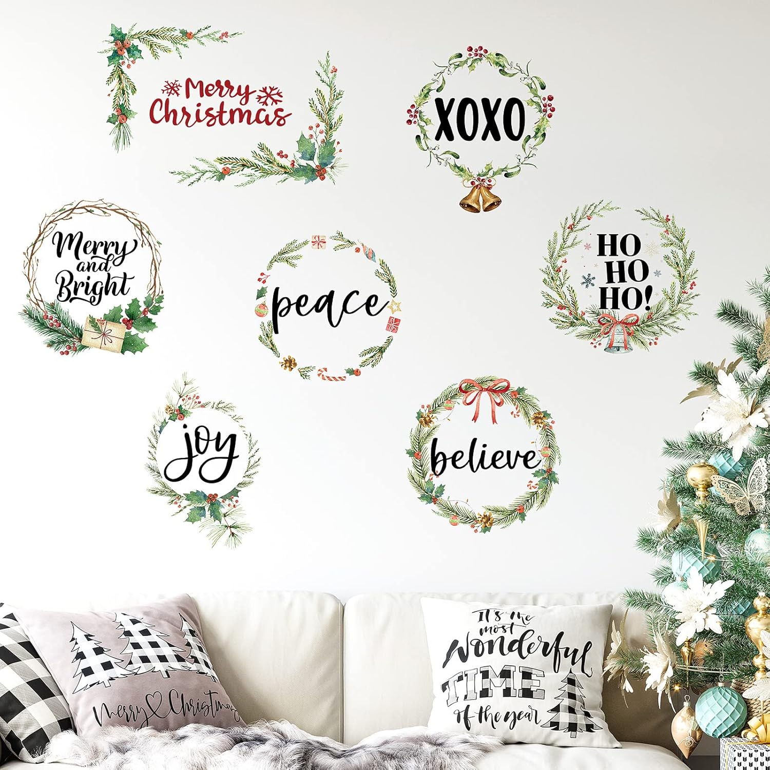 7 Pcs Merry Christmas Wall Decal Wreath Vinyl Wall Sticker Bells