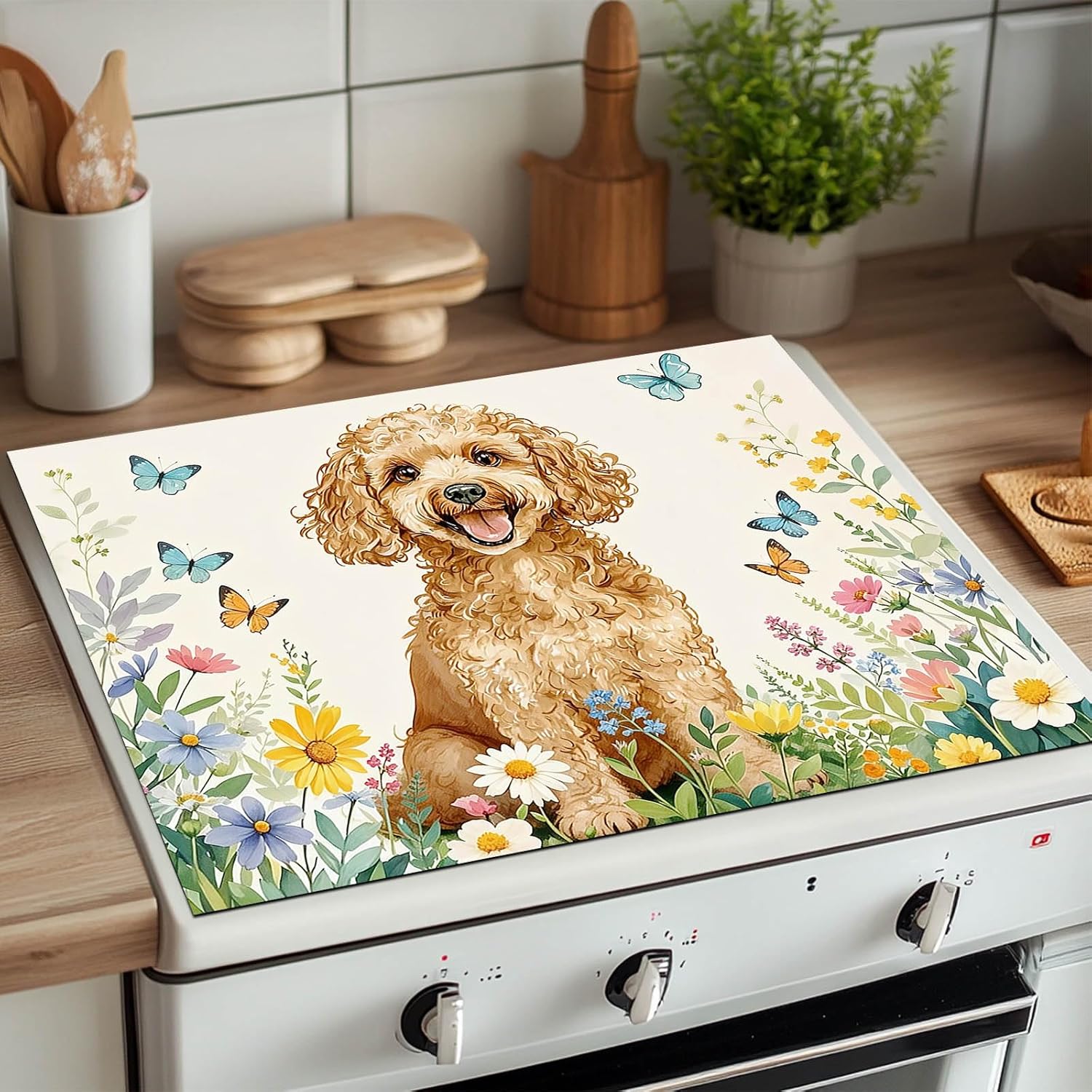 HOMETITUTE Sping Stove Top Covers for Electric Stove 28x20 Inches Heat Resistant Dog Glass Cooktop Protector Pad Decorative Stovetop Cover Dish Drying Mats for Kitchen Coffee Bar Decor