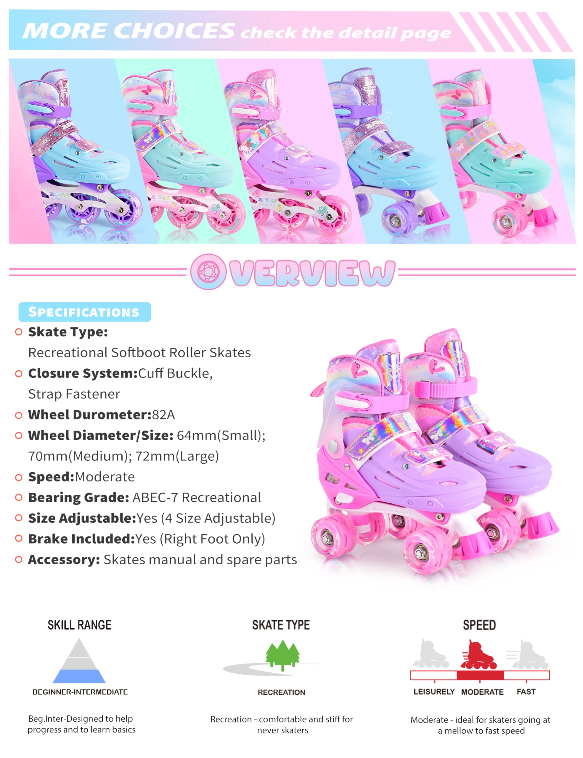2PM SPORTS Rollschuhe 4 Größen Verstellbare Rosa Blau für Kinder Mädchen Anfänger Drinnen und Draußen