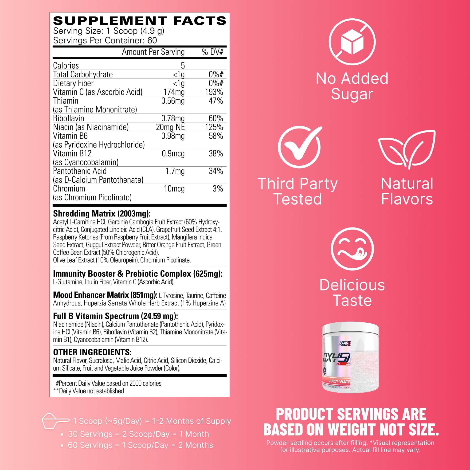 EHP LABS OxyShred Pre Workout Powder - Preworkout Powder with L Glutamine & Acetyl L Carnitine, Energy Boost Drink - Juicy Watermelon, 60 Servings — Amazon image 2