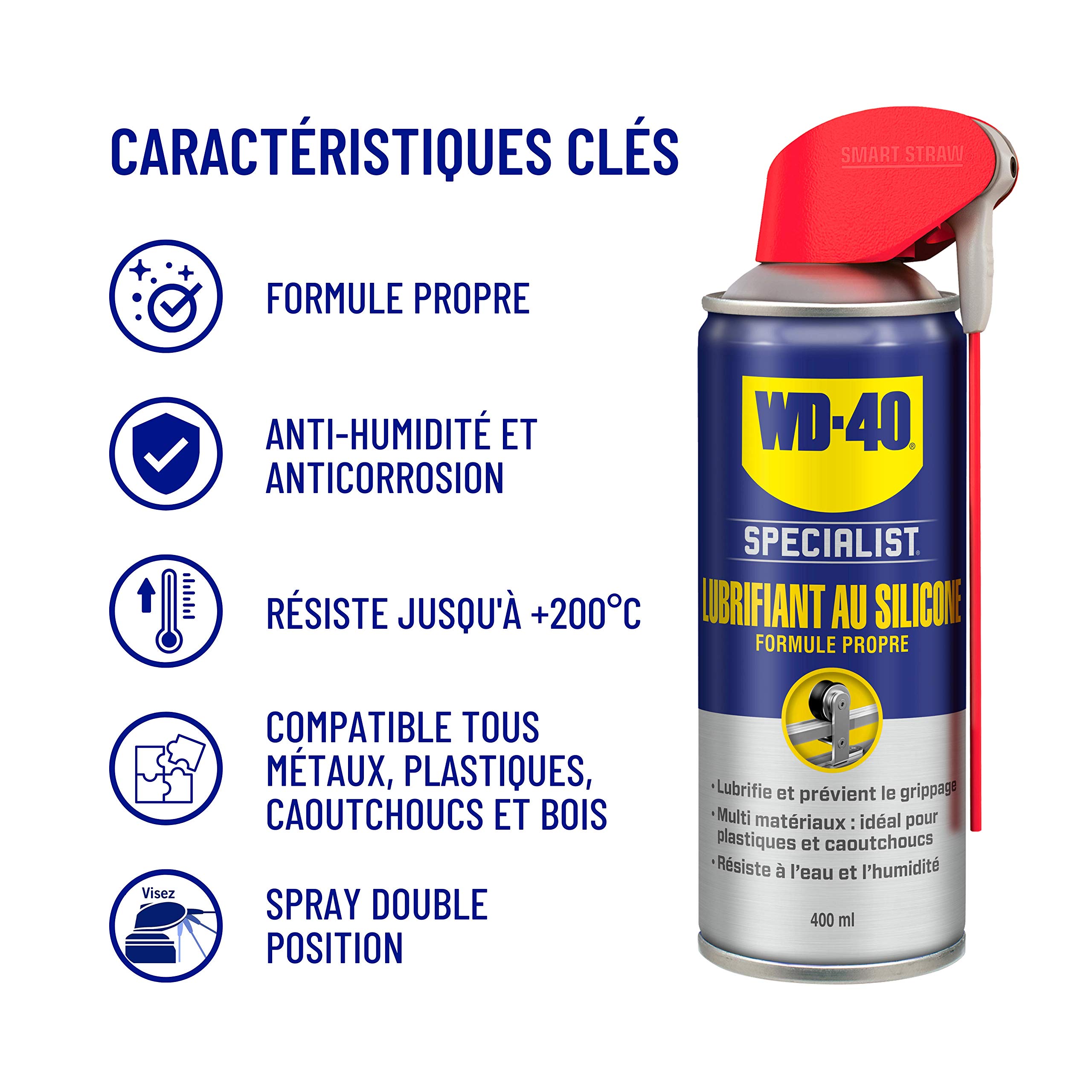 WD-40 Specialist • Lubrifiant Au Silicone • Spray Double Position • Formule Propre • Isolation contre l'humidité • Comptatible tous métaux, plastiques, caoutchoucs et bois • 400Ml • lot de 2