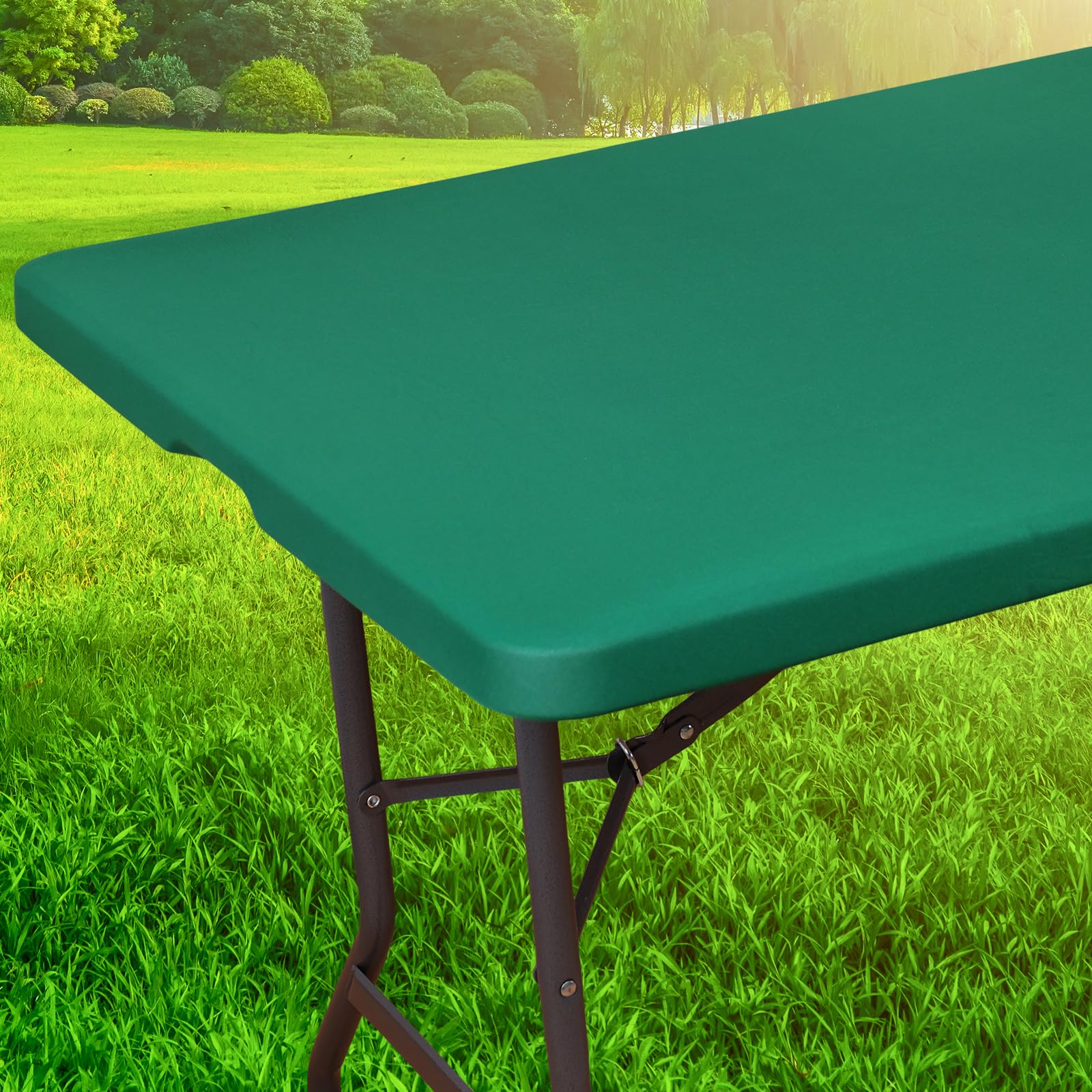 Eco-AnchengPicnic Table Cloth Waterproof Fitted Tablecloth for 8 Foot Rectangle Tables with Elastic Bottom Spandex Patio Table Cover for Outdoor Camping Banquet and Parties(96" L x 30" W,Green)