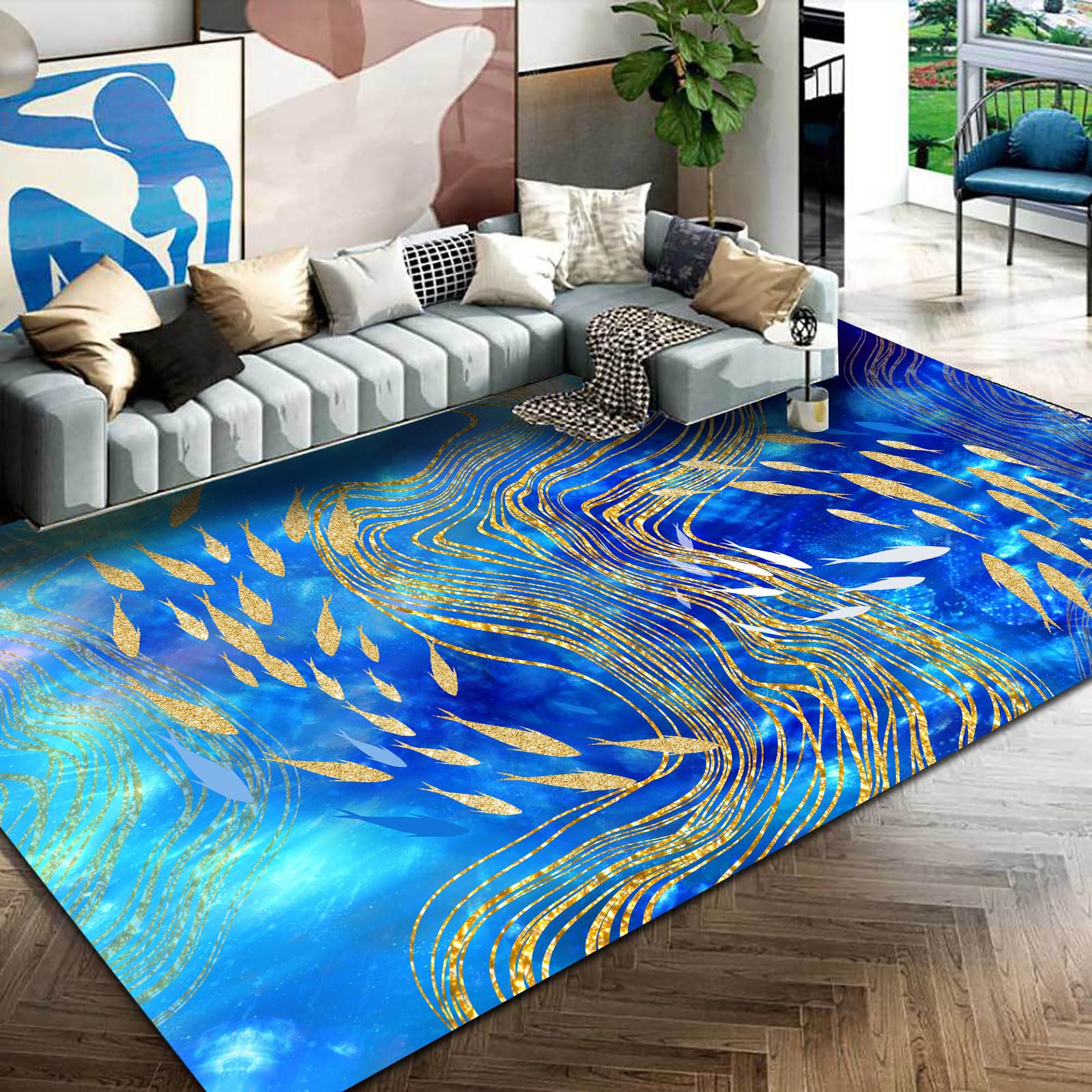 Dywanik o wymiarach 1,6 x 2 m, duży dywan, 160 x 200 cm, zmywalny, do salonu, estetyczny, akcesoria do sypialni, dywan, nowoczesny, abstrakcyjny niebieski