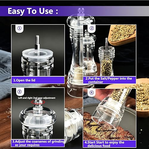 Miniatura 7 de Juego de 2 molinillos de sal y pimienta recargables molinillo de sal acrílica juego de 2 molinillos de sal marina de cerámica ajustable y molinillo