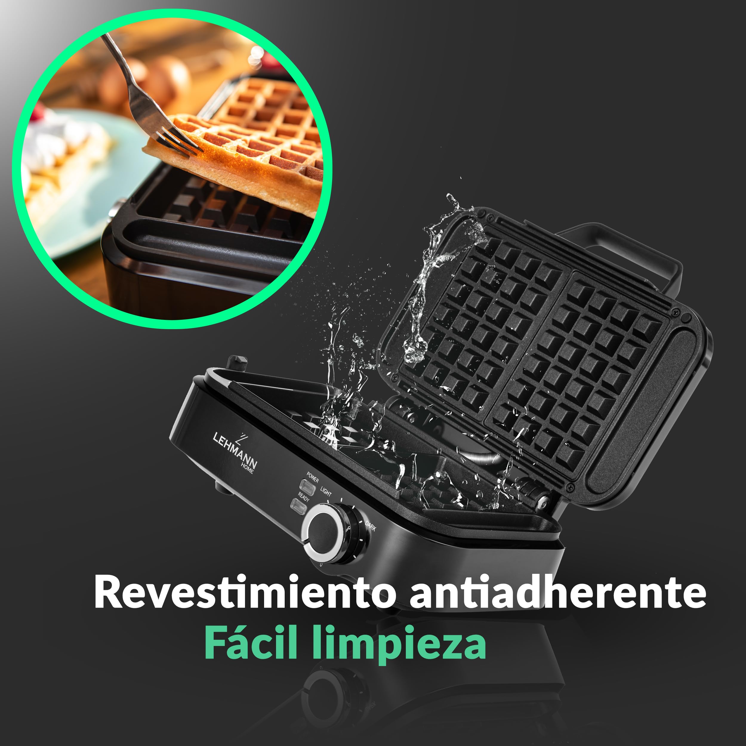 LEHMANN LHOWM-1226 Gofrera Doble Eléctrica 1200W, Maquina de Waffles para 2 Gofres Belgas, Revestimiento Antiadherente, Ajuste de Temperatura hasta 240°C, Limpieza Rápida y Sencilla
