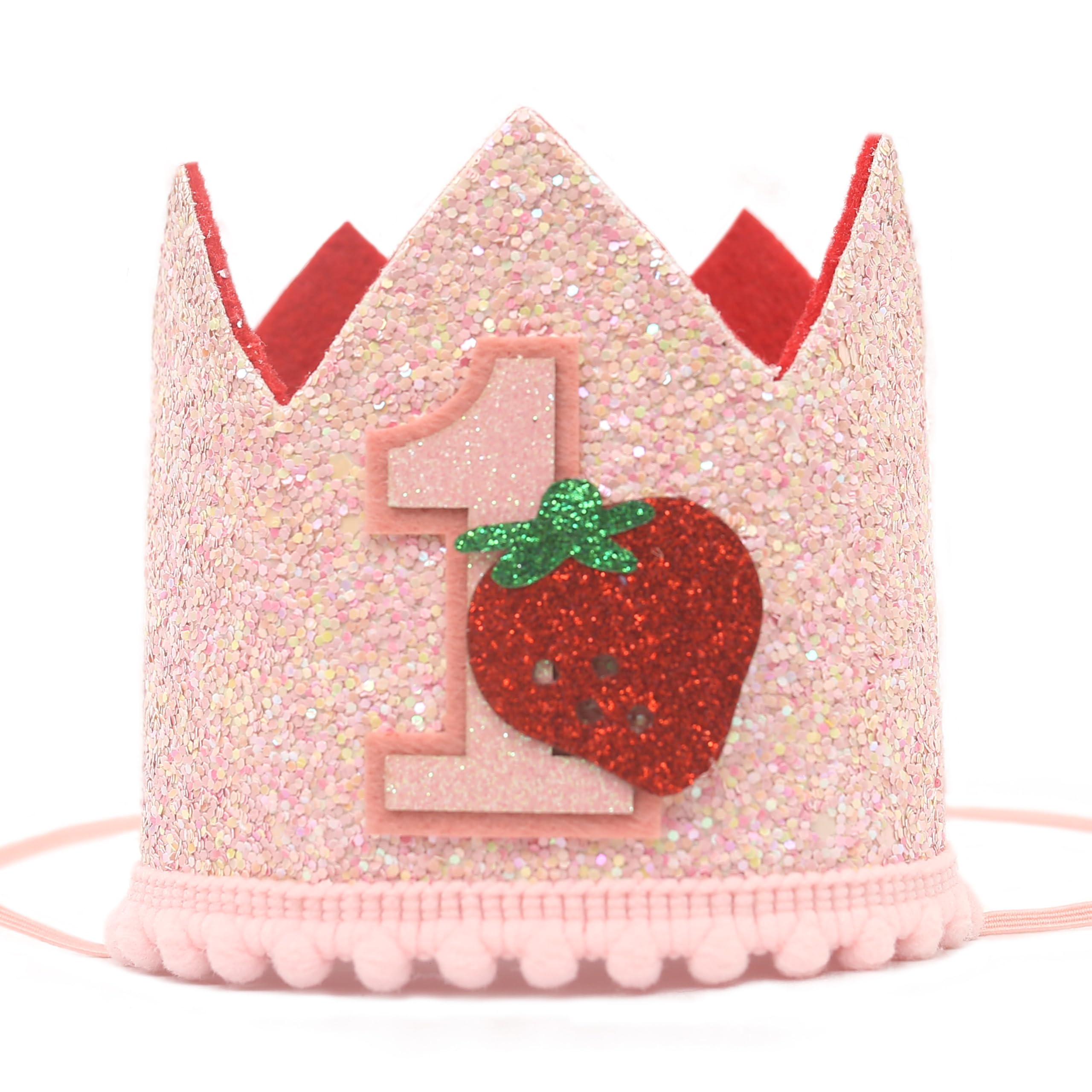 Baby Girl's 1st Birthday 'Berry Sweet' Strawberry Crown and Cake Smash Decor - Glistening Pink Strawberry Party Supplies with Photo Props