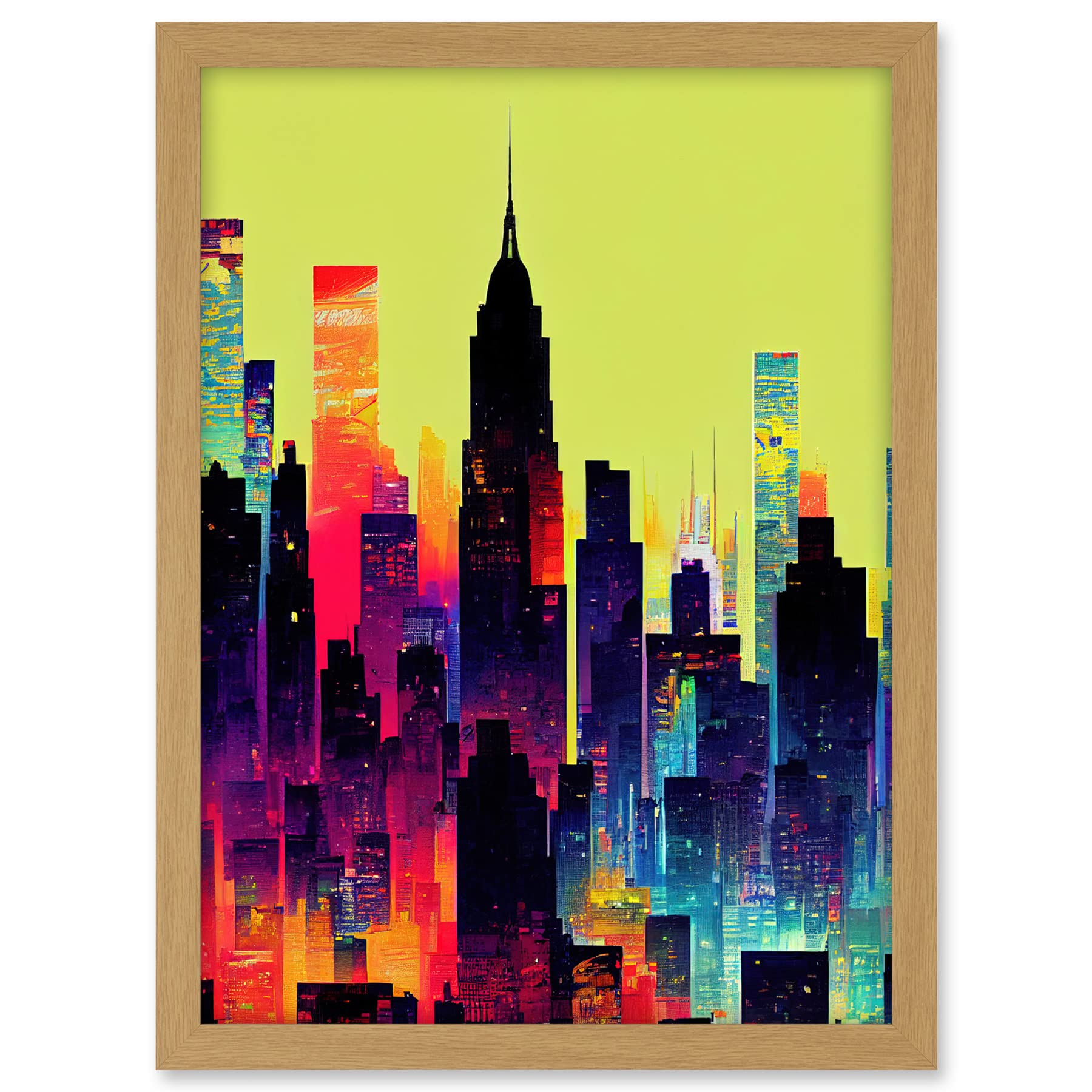 Wee Blue Coo New York Vibrant Multi Coloured Graphic Design Skyscraper Cityscape Silhouette Artwork Framed A3 Wall Art Print