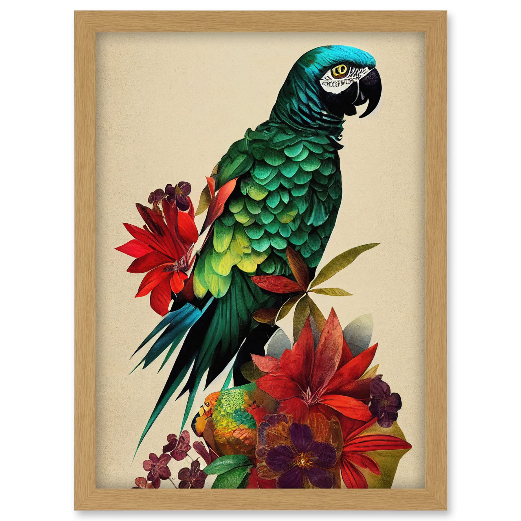 Doppelganger33 LTD Exotic Flowers And Feathers Macaw Parrot And Jungle Blooms Artwork Framed A3 Wall Art Print