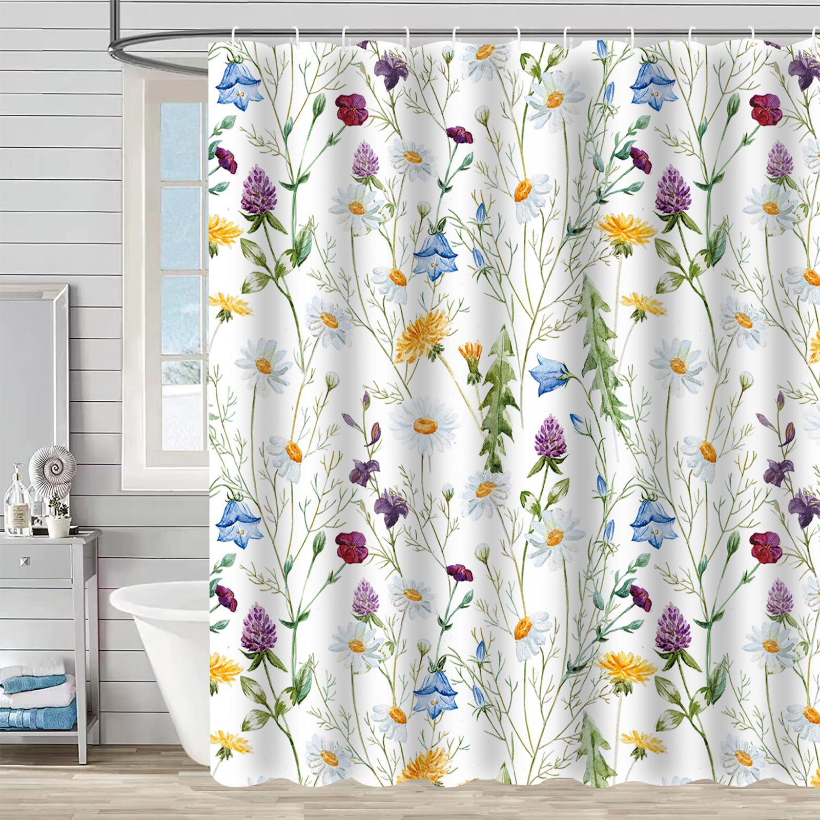 FAIRYGATE Garden Shower Curtain Watercolor Floral Shower Curtains Flowers Leaves Bathroom Curtain 180 x 180 cm Waterproof Mildew & Mould Resistant Polyester Fabric Bath Curtain with 12 Hooks B8115