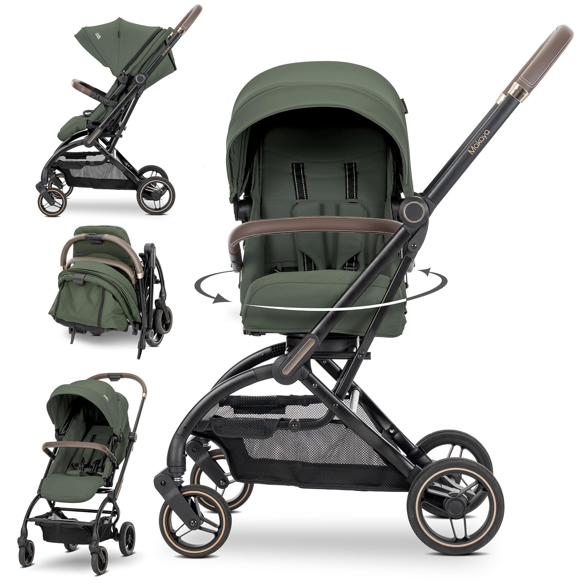 Lorelli Kinderwagen 360 Grad drehbar, Sport Buggy klein zusammenklappbar, bis 22kg, Alu-Rahmen, Grün
