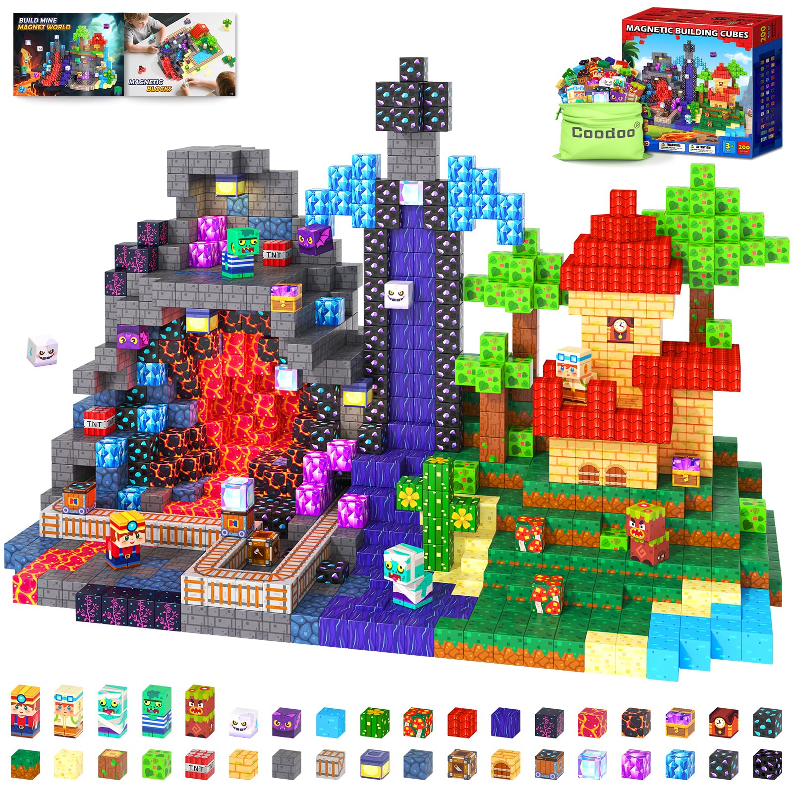 Coodoo Magnetische Bausteine - Baue Mine Magnet Welt, 200 Teile Magnetspielzeug Outdoor Sensorische Kleinkindspielzeug für Kinder ab 5-7 8-13 3 4 5 6 7 8, Spielzeug für Jungen & Mädchen ab 3 Jahren