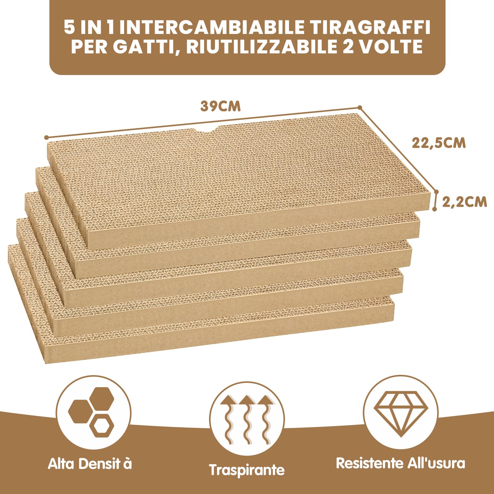 Ycozy Tiragraffi per Gatti 5 in 1, Tiragraffi Gatto Tiragraffi 2 Strati Bifacciale, 43 x 25,5 x 12,7 cm, con 5 pezzi di Cartone di Ricambio Interattivo, per Gatti Piccoli e Grandi