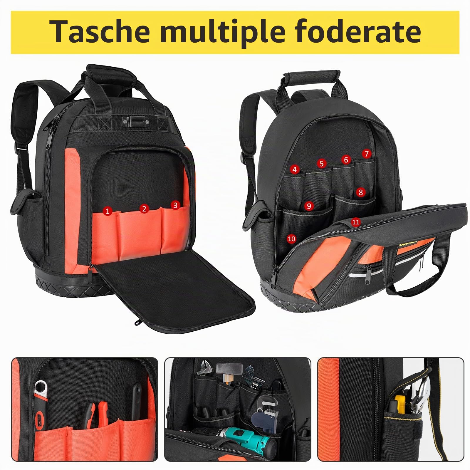 OUUTMEE Zaino per attrezzi con base in gomma ABS, borsa per attrezzi robusta con tasche multiple, borse portautensili con tracolla e cinghia in vita per elettricisti e costruzione (arancione)