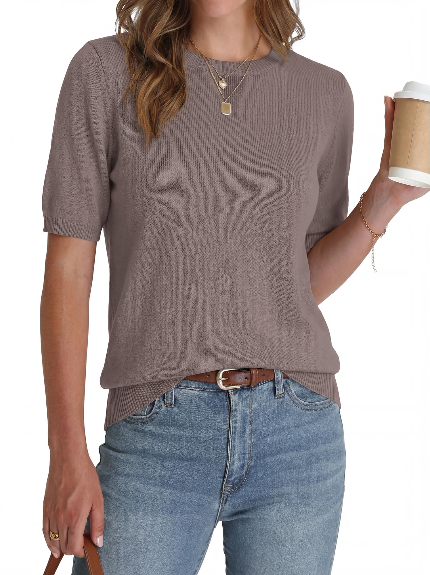 BTFBM Short Sleeve Sweater for Women Spring Tops Crew Neck Lightweight Pullover Loose Dressy Casual Blouse Basic Clothes