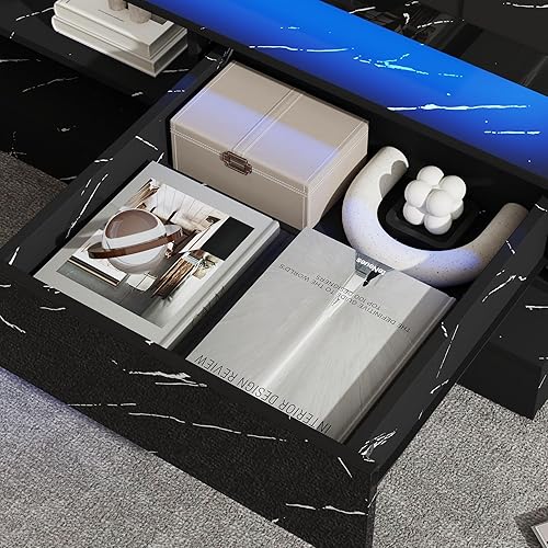 Miniatura 8 de Mesa de centro LED moderna de 47.2 pulgadas con 2 cajones deslizantes, mesas centrales de doble capa con luces LED para muebles de sala de estar,
