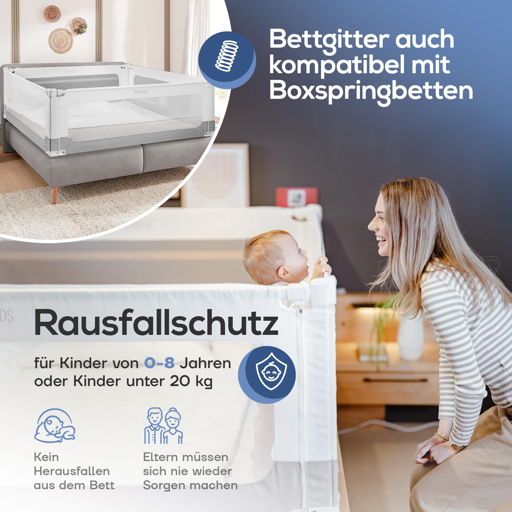 BEANBUDS® Bettgitter Rausfallschutz 200cm [1 Seite], Grau | Bettschutzgitter Lattenrost & Boxspringbett, Baby Gitterschutz Elternbett & Kinderbett, inkl. extra Gurt, Bett Fallschutz