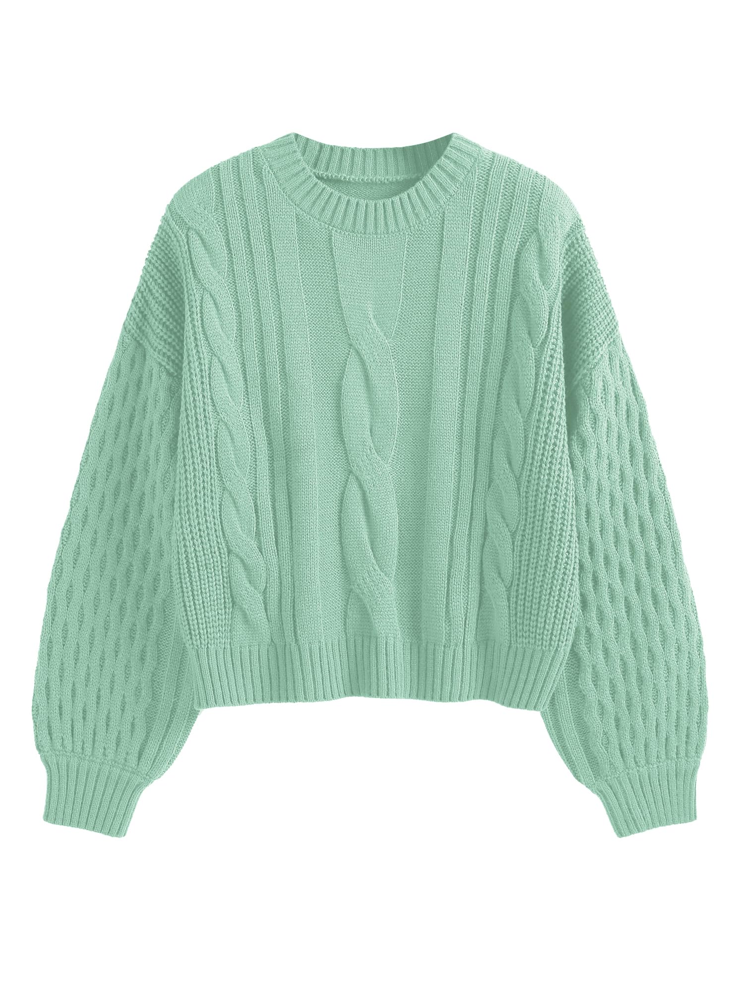 ZAFUL Women's Solid Knit Cable Sweater Casual Long Lantern Sleeve Pullover Crew Neck Knitted Tops