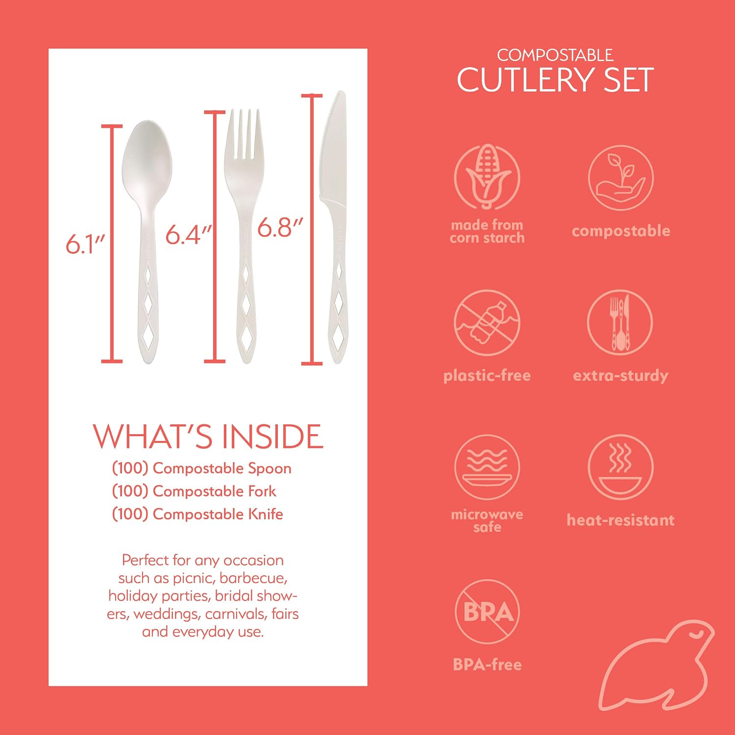 100% Compostable Non Plastic Knives, Spoons and Forks Set [300 Pack] CPLA Disposable Forks. Non Plastic Silverware Set. Eco-Friendly Cutlery, Flatware, Utensils, by Earth's Natural Alternative