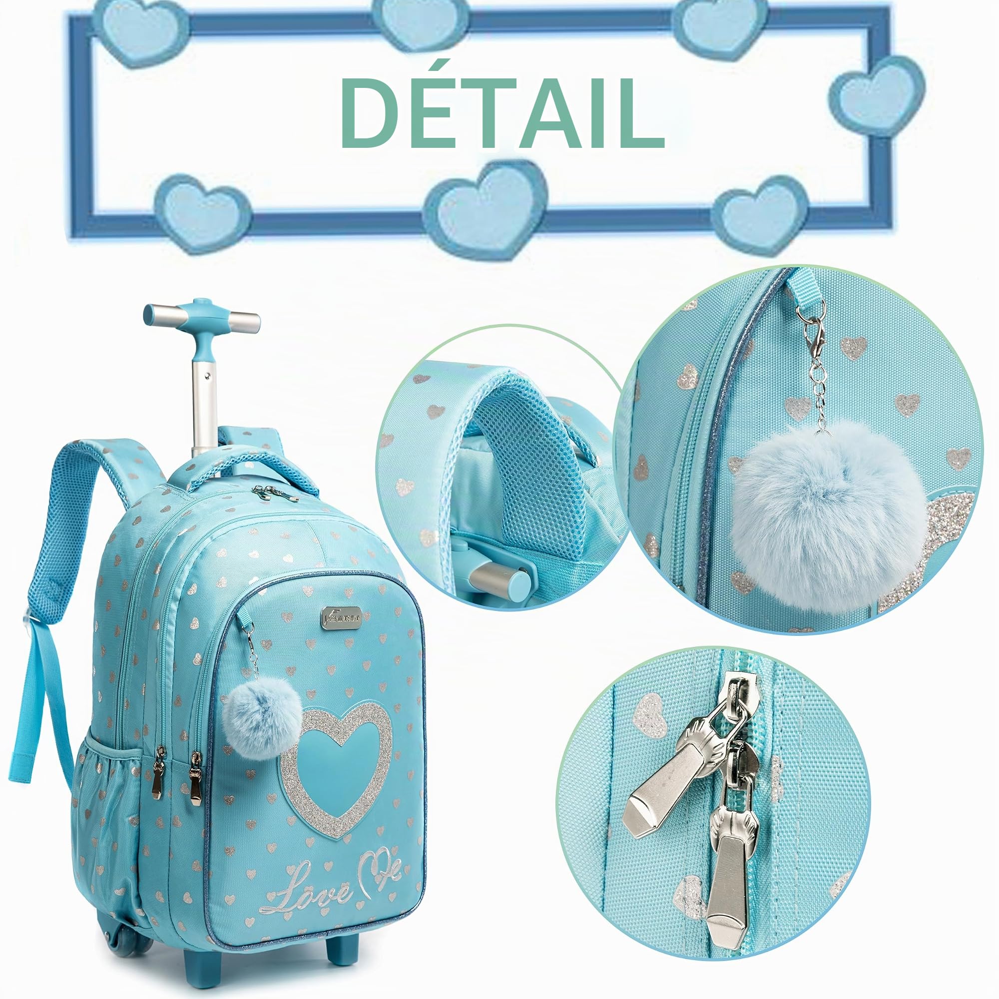 HTgroce Cartable à roulettes pour fille - Sac à dos à roulettes pour fille - Sac à dos d'écolier avec roulettes, Amour bleu, 46 x 30 x 20 cm, Très résistant