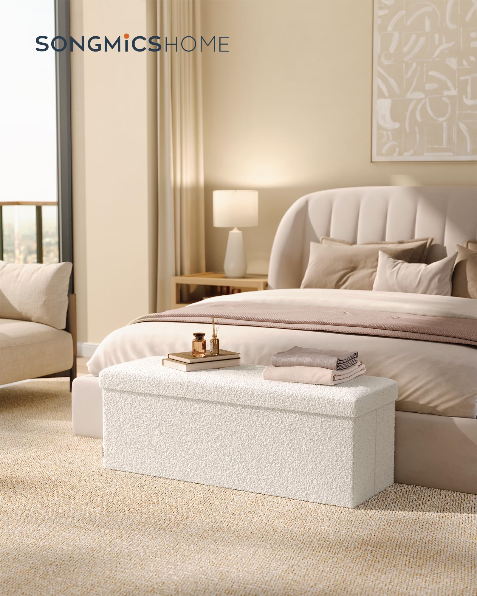 SONGMICS Puff Almacenaje, Baúl Plegable, 38 x 110 x 38 cm, Banco Almacenaje, Banco de Pie de Cama, Soporta hasta 300 kg, para Sala de Estar, Dormitorio, Entrada, Blanco Crema LSF097W01V1